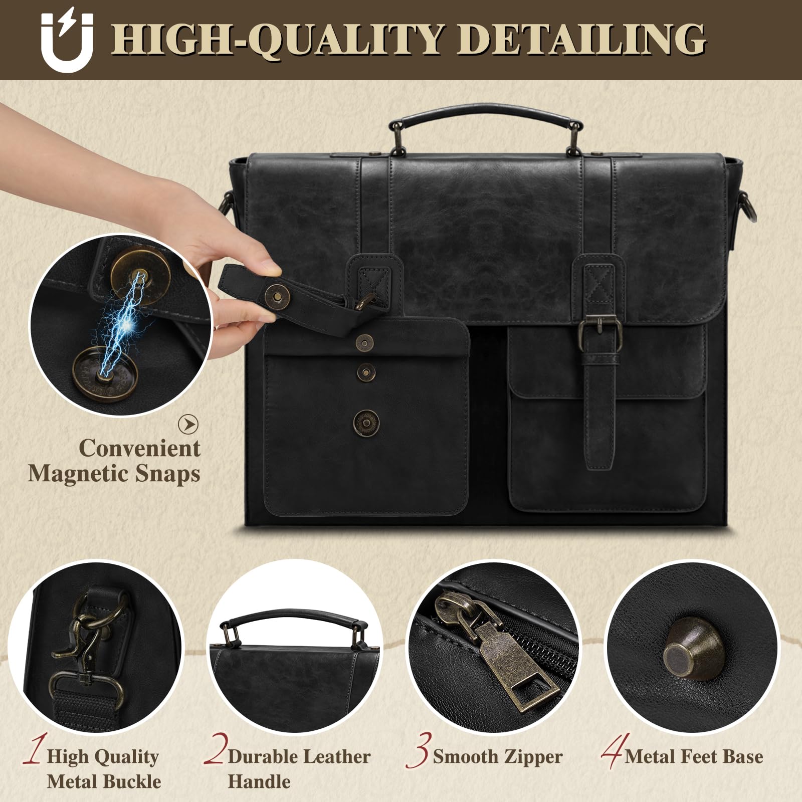 RAINSMORE Borsa Lavoro Uomo PU Pelle Borsa Porta PC 15.6 Pollici Impermeabile Porta Computer Portatile Tracolla per Università Ufficio Nero