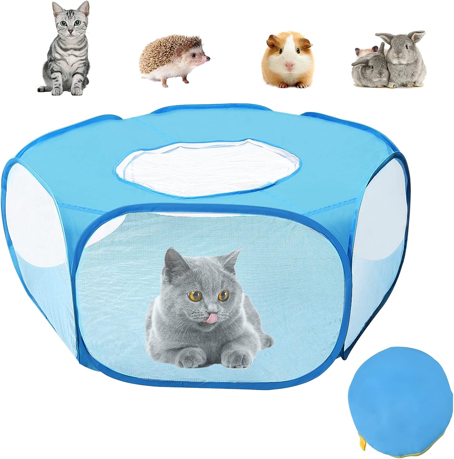 JIMEJV Small Animals Playpen with Anti Escape Zippered Cover Portable Breathable & Waterproof Indoor Exercise Yard Fence Cage Tent for Cats Puppy Guinea Pig Hamster Chinchillas Rabbits (Blue)