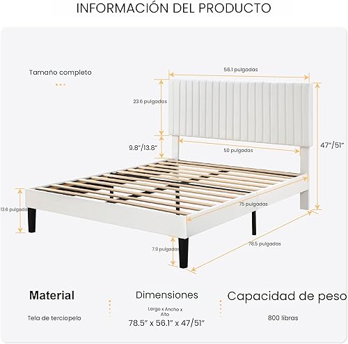 Miniatura 2 de SHA CERLIN Base de cama de plataforma tapizada completa con cabecera ajustable de tela de terciopelo capitoné de canal vertical, soporte de listones