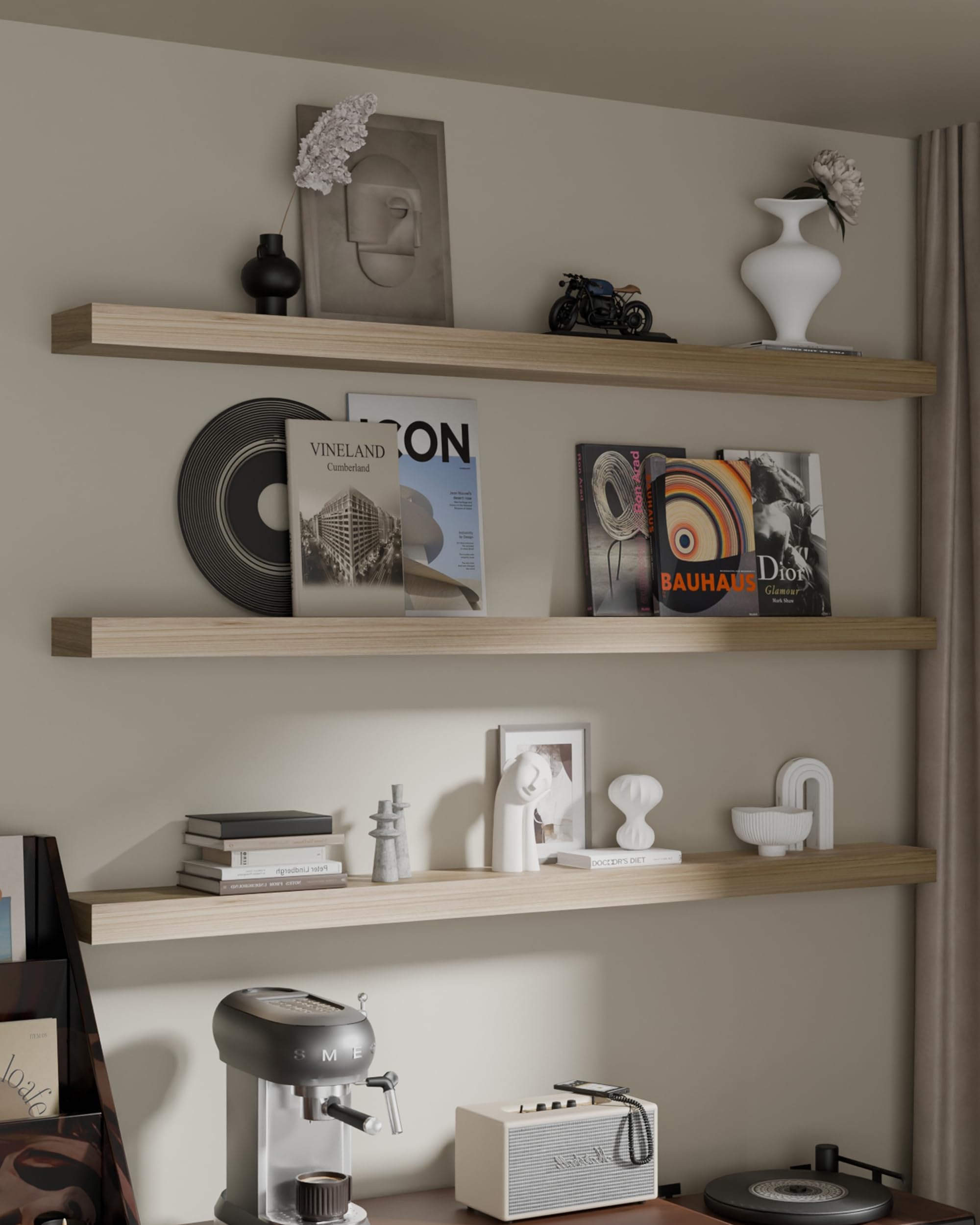 Floating Shelves for Wall, 60 Inch Extra Long Oak Floating Shelves, Set of 3, Hanging Invisible Brackets Floating Shelves for Living Room,Bedroom,and Kitchen