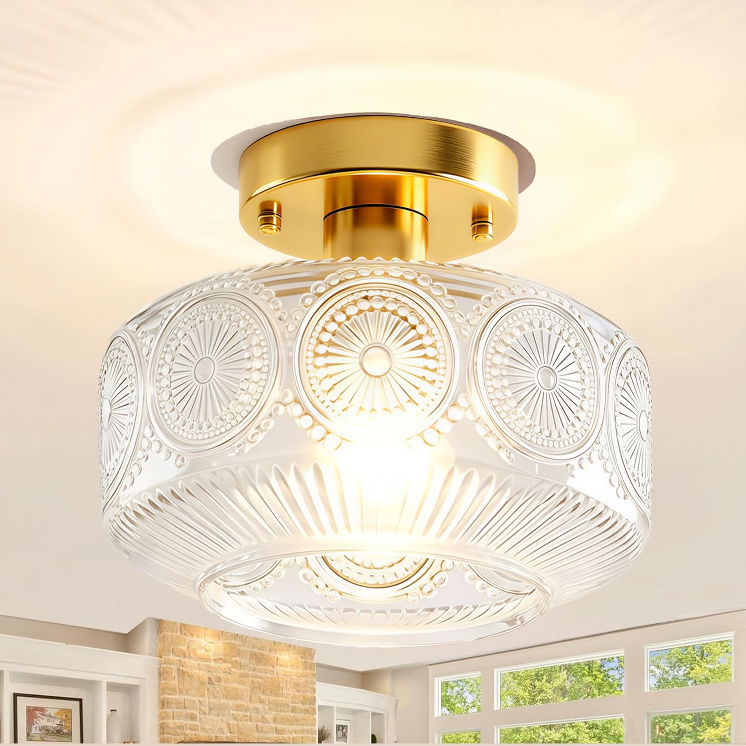 Photo 1 of Jolydoly Semi Flush Mount Ceiling Light,Vintage Ceiling Light Fixture,Kitchen Lighting Fixtures Ceiling Mount,Glass Ceiling Light,Gold Light Fixtures for Hallway Bedroom Bathroom Entryway Closet