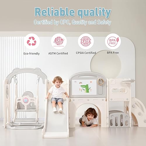 Miniatura 6 de Juego de juegos al aire libre para niños pequeños de 1 a 3 años, columpio con tobogán, patio interior 12 en 1 para niños, duradero y ecológico,