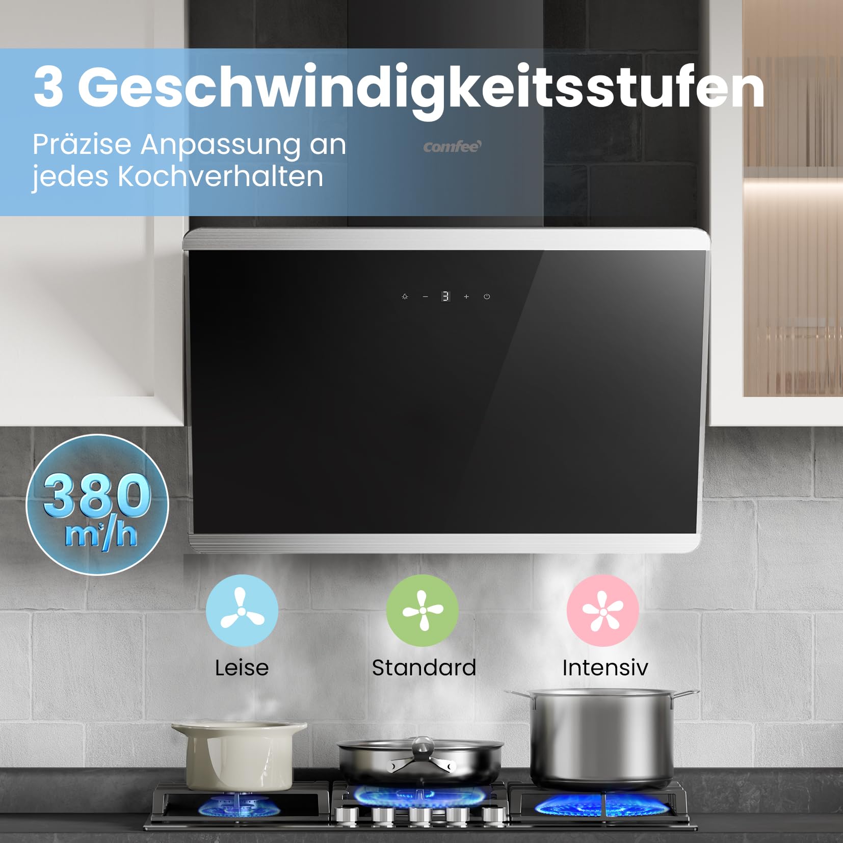 COMFEE' CH60J64ET4A2B A++ Dunstabzugshaube 60 cm Kopffreihaube Umluft Abluft 380m³/h Edelstahl Glas Touchscreen LED Kohlefilter Schwarz