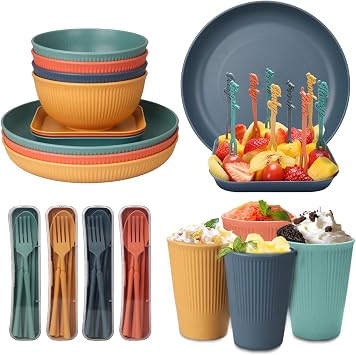 48pcs Unbreakable Dinnerware Sets for 4 People, Camping/Picnic Dinner Sets, Lightweight Colorful BBQ Plastic Serving Plates, Bowls, Cups,Cutlery Set, Forks,Tableware