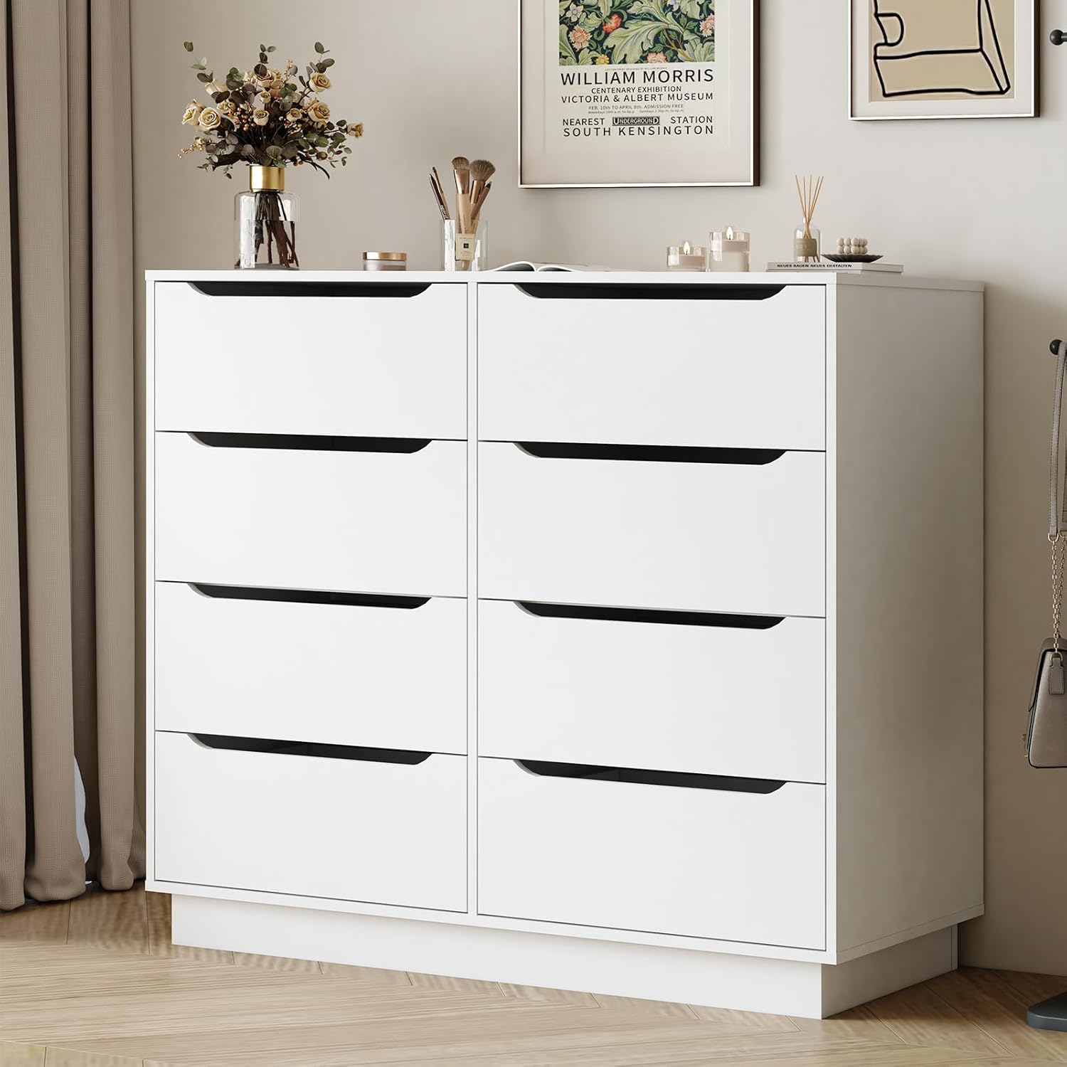 8 Drawers Dresser Storage Cabinet, 47'' Modern Chest of Drawers with Hollow Handles Design, TV Console Stand Organizer with Slide Drawer for Bedroom, Living Room, Hallway, Entryway (White)