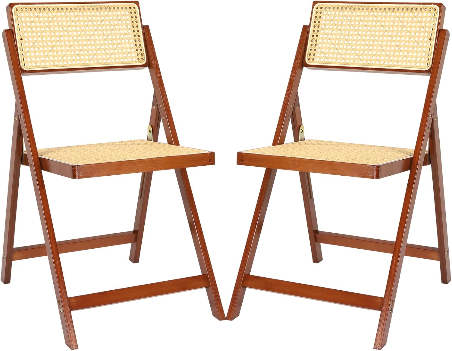 Rattan Folding Chairs Set of 2 Mid-Century Modern Style Folding Dining Chair with Adjustable Backrest, Natural Resin Rattan Chair, Suitable for Dining Table, Living Room, Study Room,Bedroom,Walnut