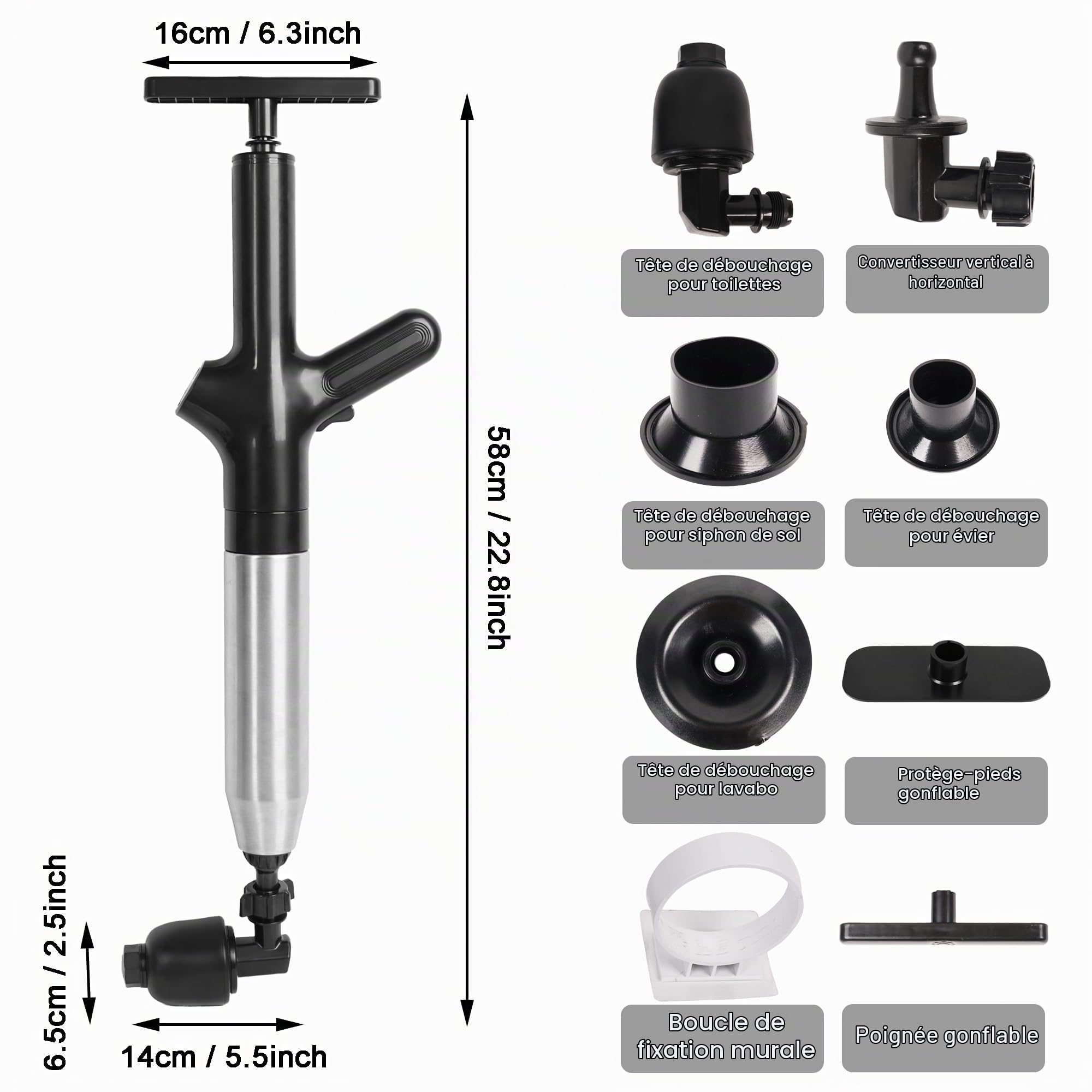 Déboucheur à air comprimé pour toilettes, déboucheur de canalisations, déboucheur à air comprimé haute pression avec baromètre en temps réel, puissant furet de débouchage, déboucheur pour lavabo, outi