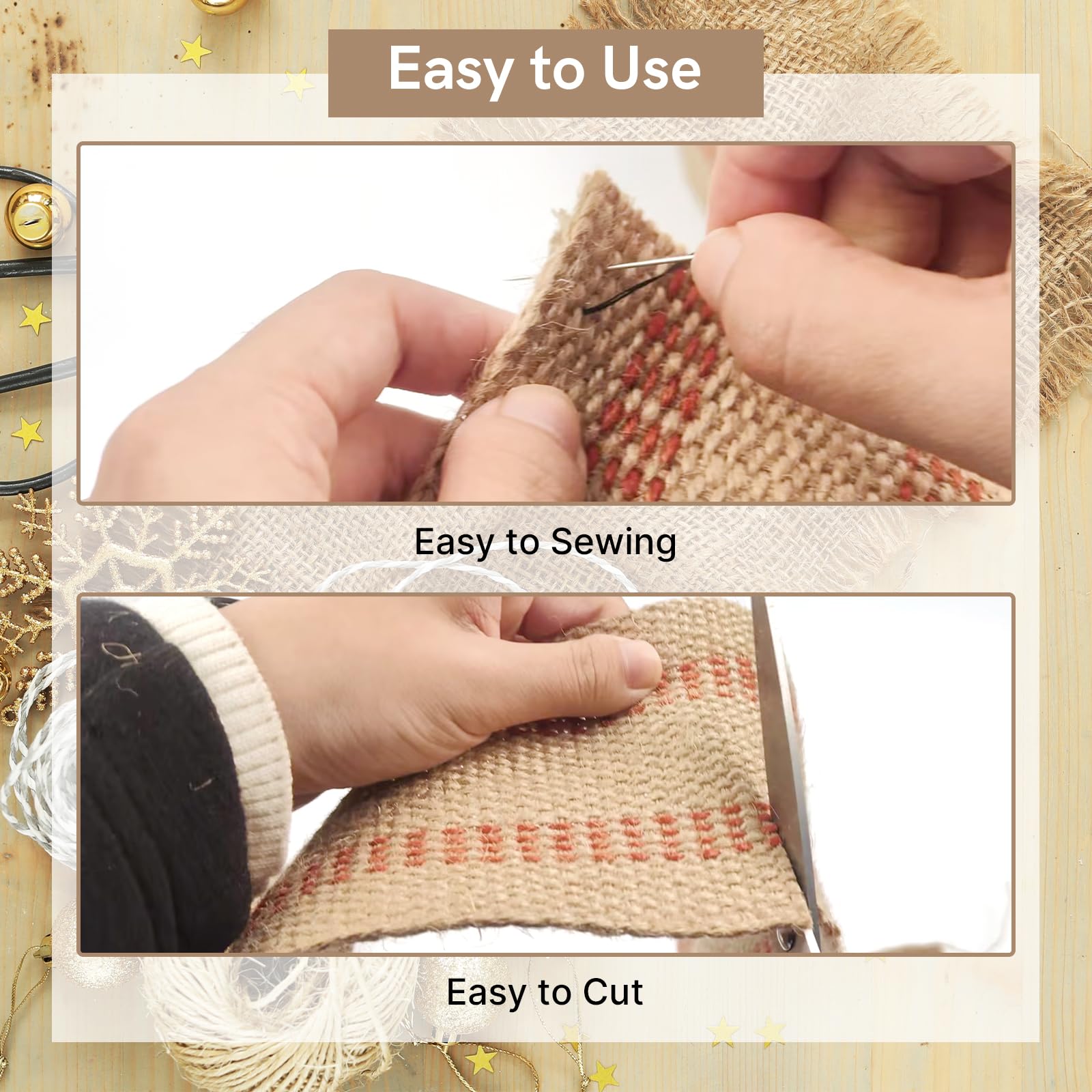 Cinta de yute para manualidades de 3.5 pulgadas, paquete de 2 rollos de arpillera natural de 10 yardas con costuras rojas para tapicería, manualidades, sillas