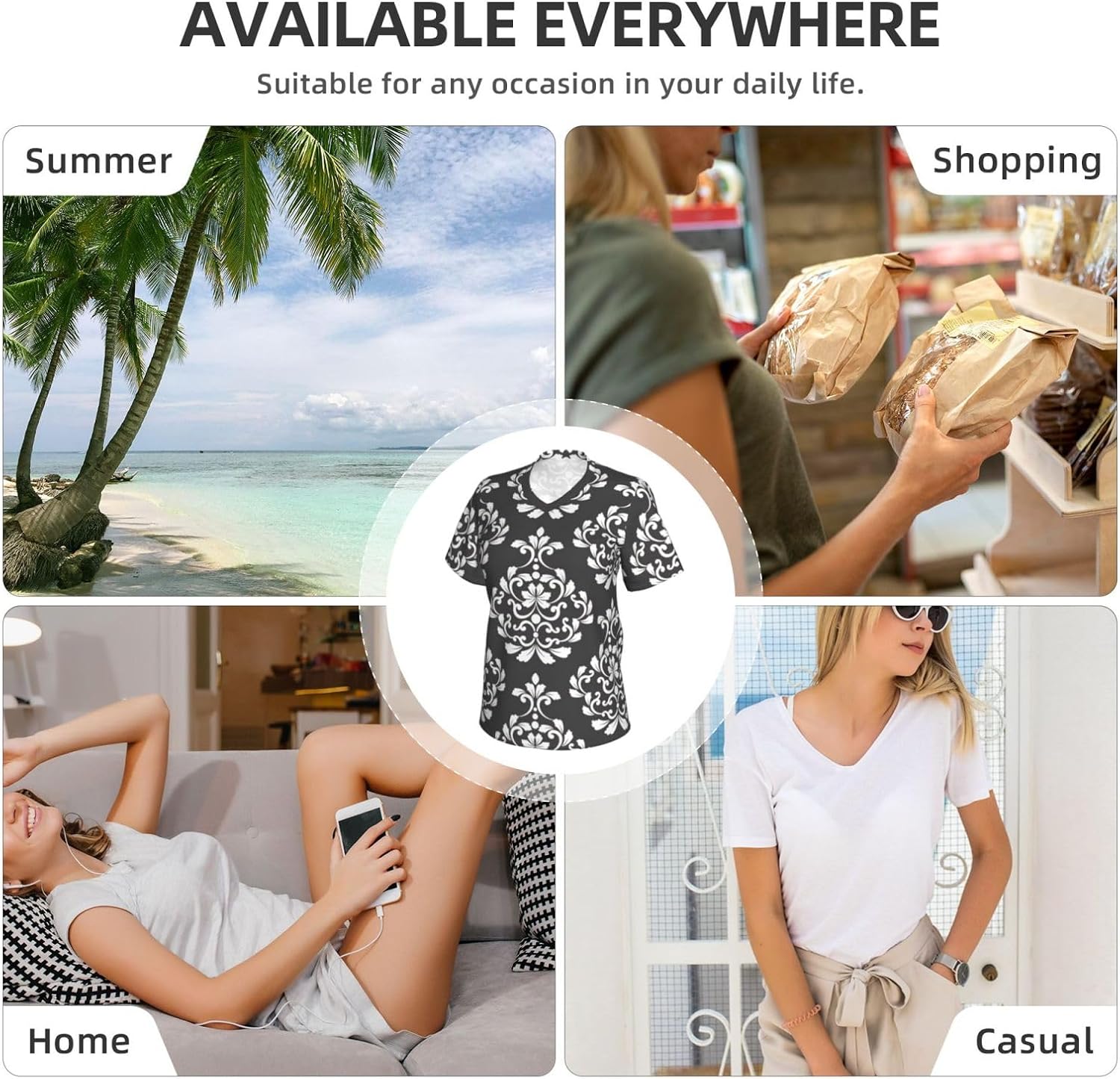 Women Casual Damask Pattern Print V-Neck T-Shirt Short Sleeve Summer Trendy Tops.