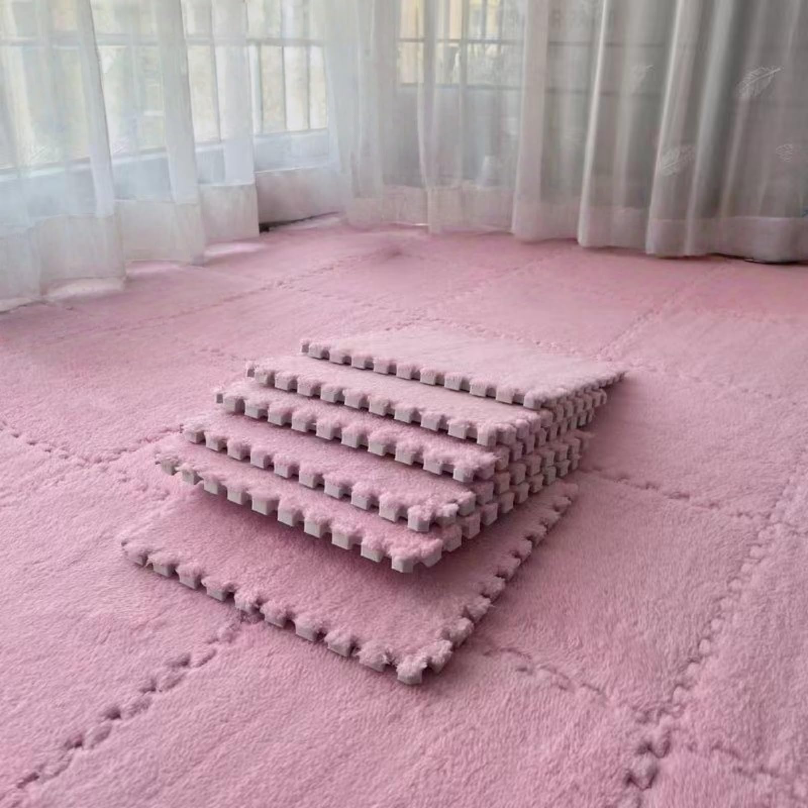 Hiseng 5/10 pcs Interlocking Foam Floor Tiles 30x30cm, Squares Puzzle Carpet Tiles Plush Floor Mats Soft Shaggy Foam Rug for Kids Bedroom Living Room Home Decoration, Solid Colors (Pink,10pc)