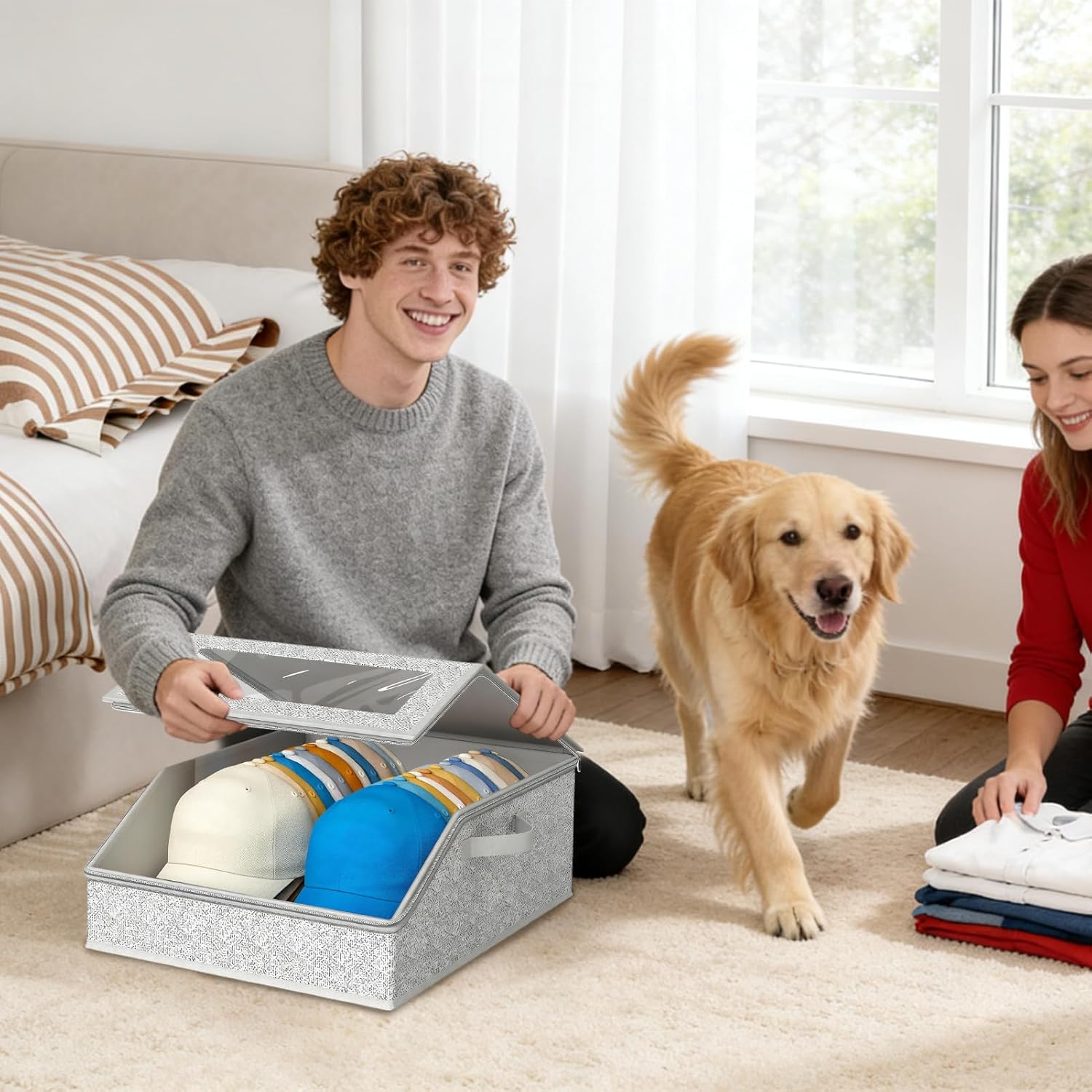 Hat Storage Container – Large Capacity Lid Bin, Durable Fabric Sorting Box, Space-Saving Closet Organizer | Home Studio Dresser Cabinet Dorm Shelf for Family Friends Accessories Scarves Gloves