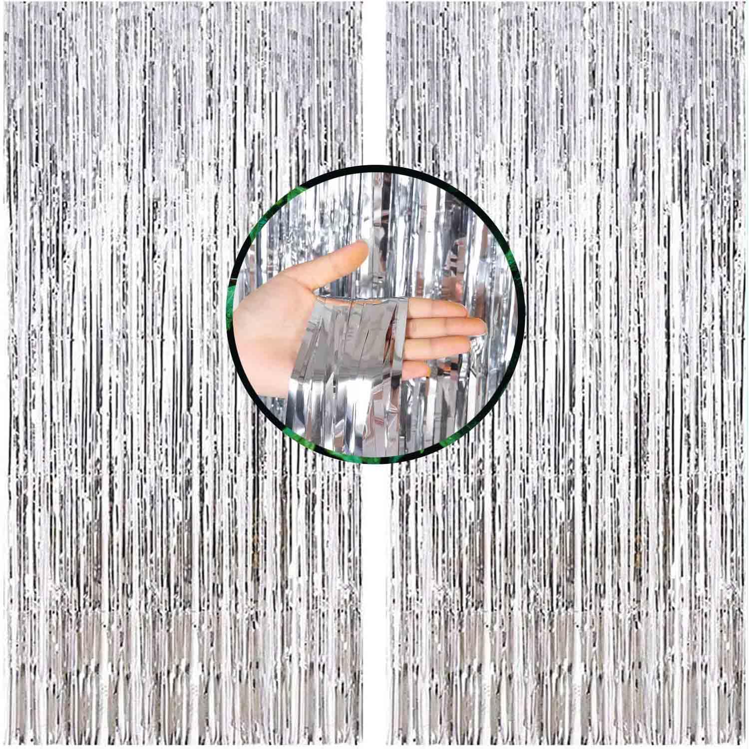 Silver Metallic Tinsel Foil Fringe Curtains Backdrop 3.2 ft x 8.2 ft -2Pcs Streamers Backdrops for Pary Decorations