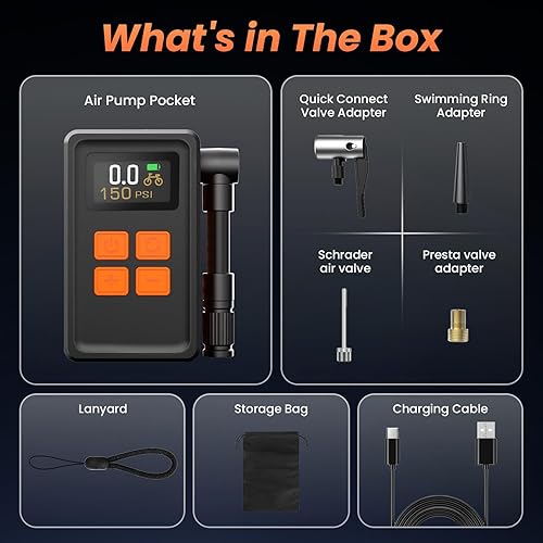Miniatura 9 de Mini bomba de bicicleta con manómetro, bomba eléctrica de bicicleta máxima de 150 PSI con válvula Presta y Schrader, 4 veces más rápida, parada
