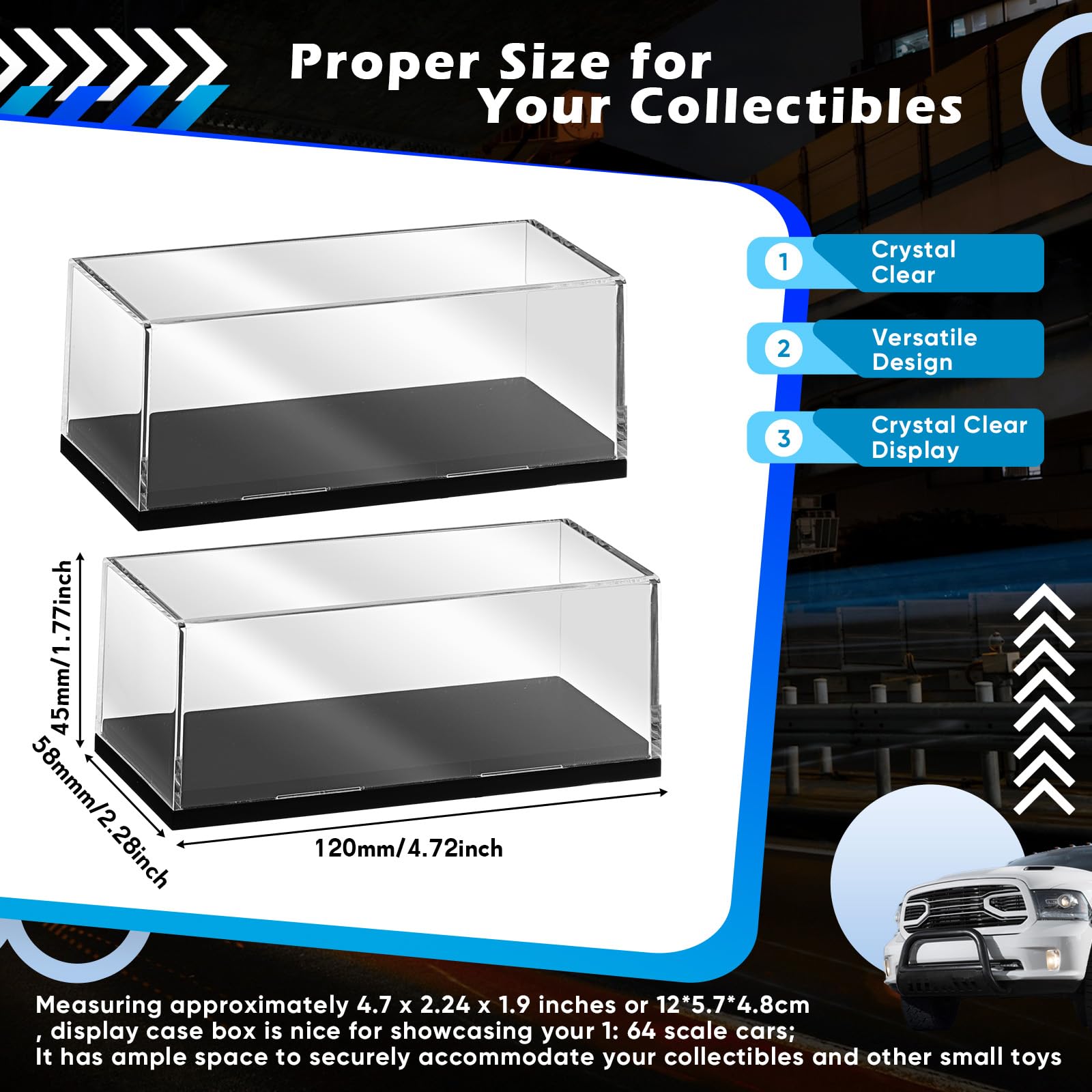 Baderke 4 Pcs Clear Model Cars Display Case 4.72 x 2.28 x 1.77 Inches Fit for 1/64 Scale Acrylic Display Case Vehicles Toy Storage Collectors