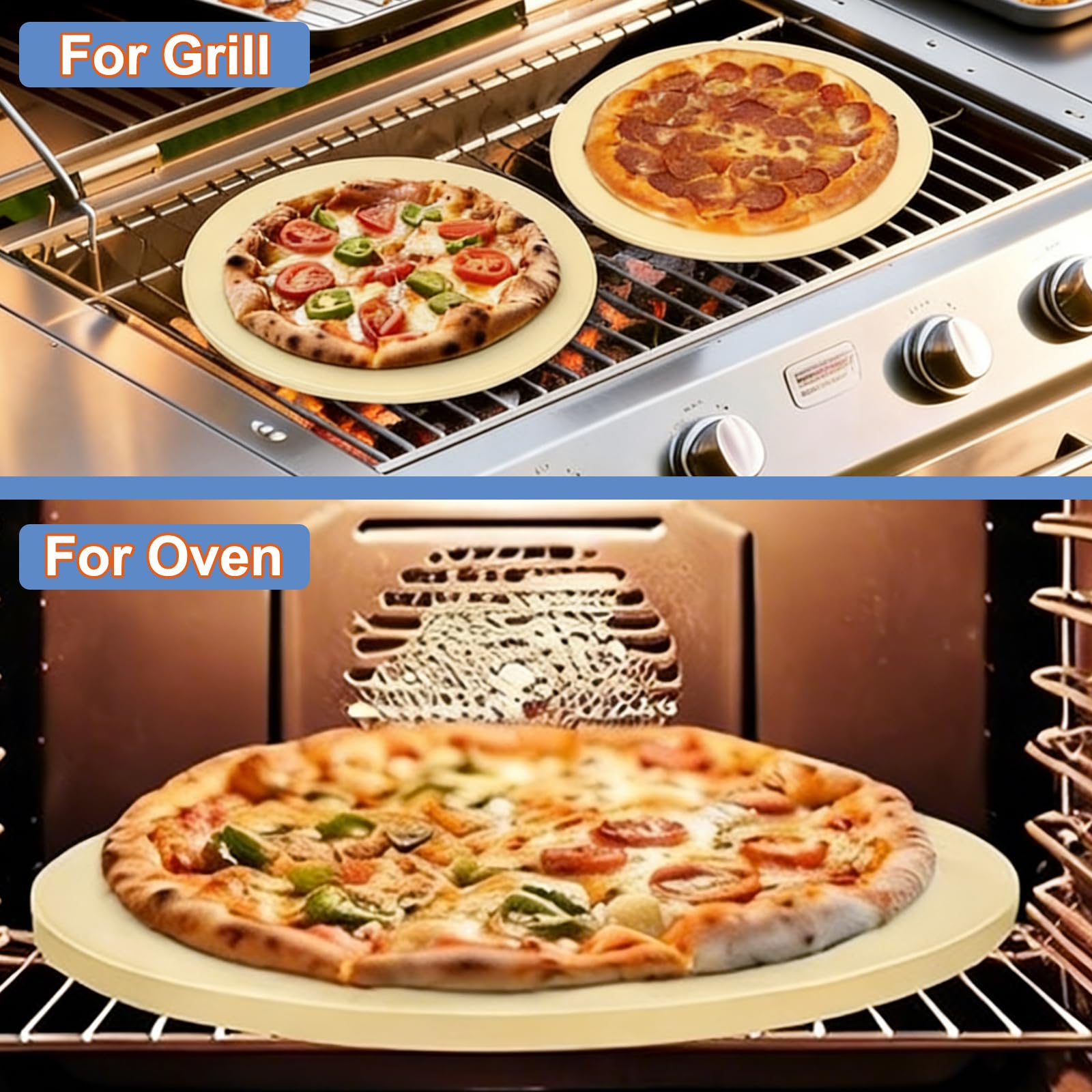 Großer runder 40.6 cm Pizzastein für Grill und Backofen, Cordierit Backstein für Brot, sicherer kreisförmiger Kochstein, ideal zum Grillen Backen von mehreren Größen von Pizzas