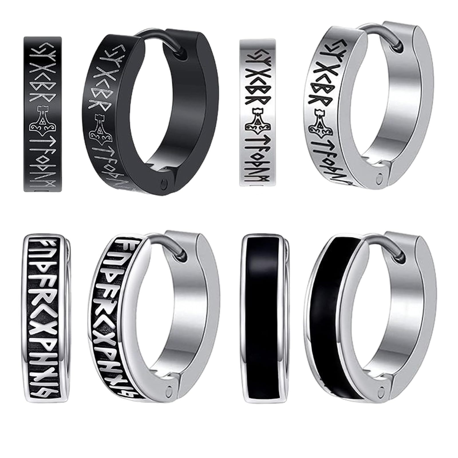 4 Paires Viking Homme Boucle d'Oreille Runes Nordiques Créoles Acier Inoxydable Boucle d'Oreille Homme Créole Petit Anneau 1,2 cm Boucles d'oreilles Noir Argent Piercing Oreille Männer Femme