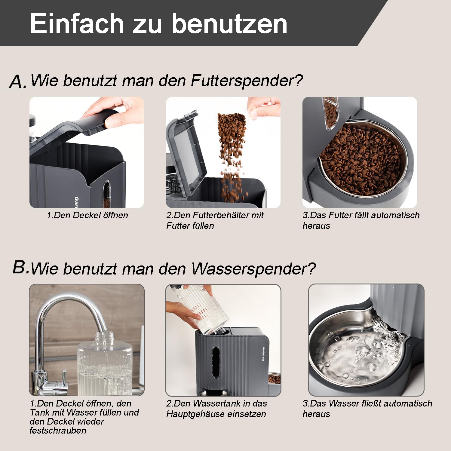 Gardner Pet Automatischer Futterspender Katzen/Hunde, 2 Edelstahlnäpfe 3L*2 | Nicht elektrisch, Edelstahlschüssel, Ohne Strom, BPA Frei, Gravitation, 3L*2, Grau