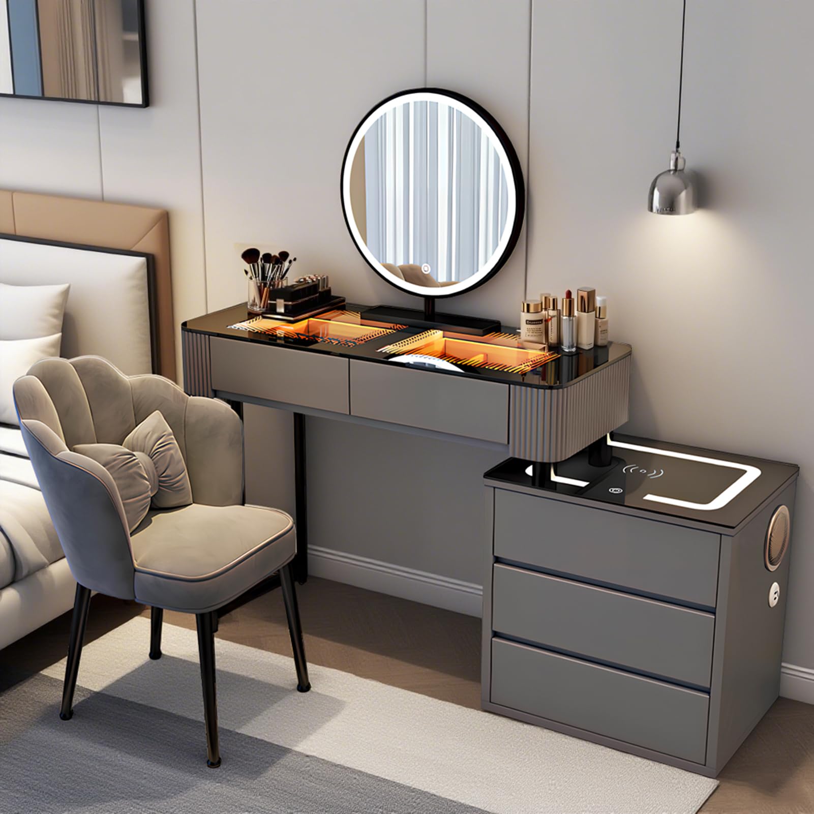Glass Top Vanity Table with Mirror and Lights, White/GreyVanity Dressing Tables with Drawers - Makeup Table with Charging Station Dresser Table with Chair Bedroom Makeup Vanity Desk (Grey, 100CM)