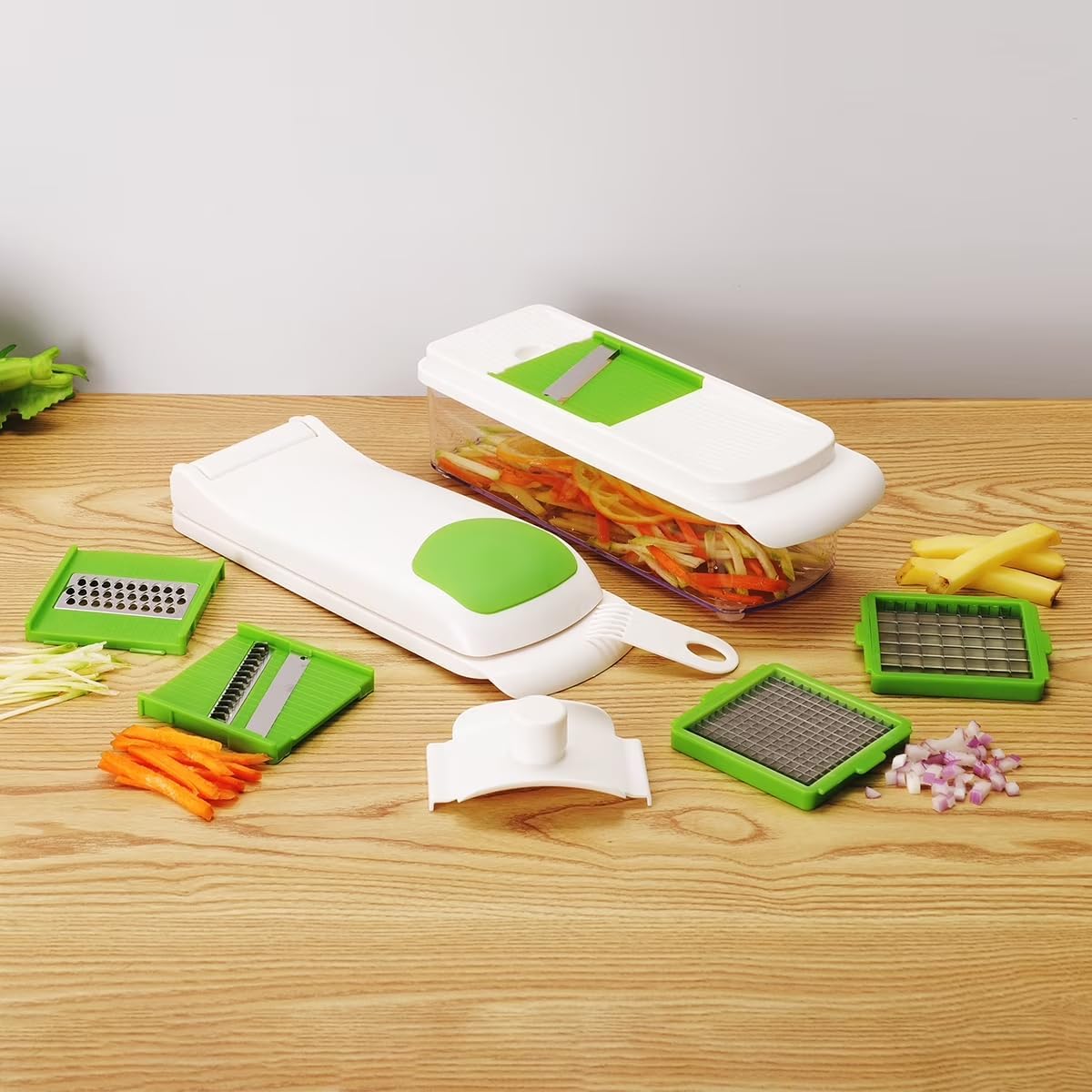 11-Piece Multi-Function Vegetable Dicer & Mandoline Slicer, Stainless Steel Blades, Green Glaze Finish, 820g
