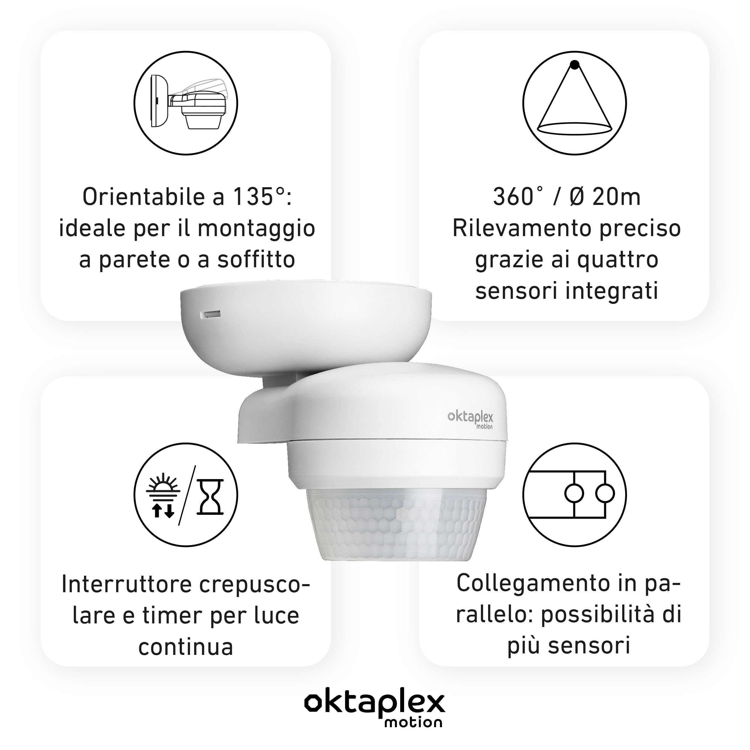 Oktaplex Mia set da 2 sensori di movimento Bianco 10 m orientabile | Sensore a infrarossi IP65 da 360 gradi 10 m da esterno 230 V
