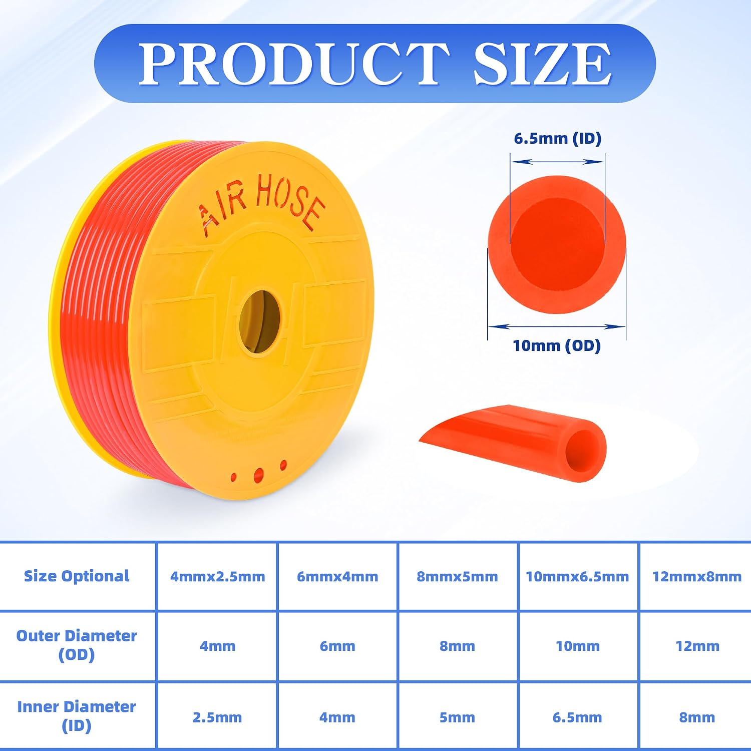 PU Air Hose 10mm OD x 6.5mm ID Orange Polyurethane Hose 100 Meters 328 FT Pneumatic Tubing Pipe for Air Compressor