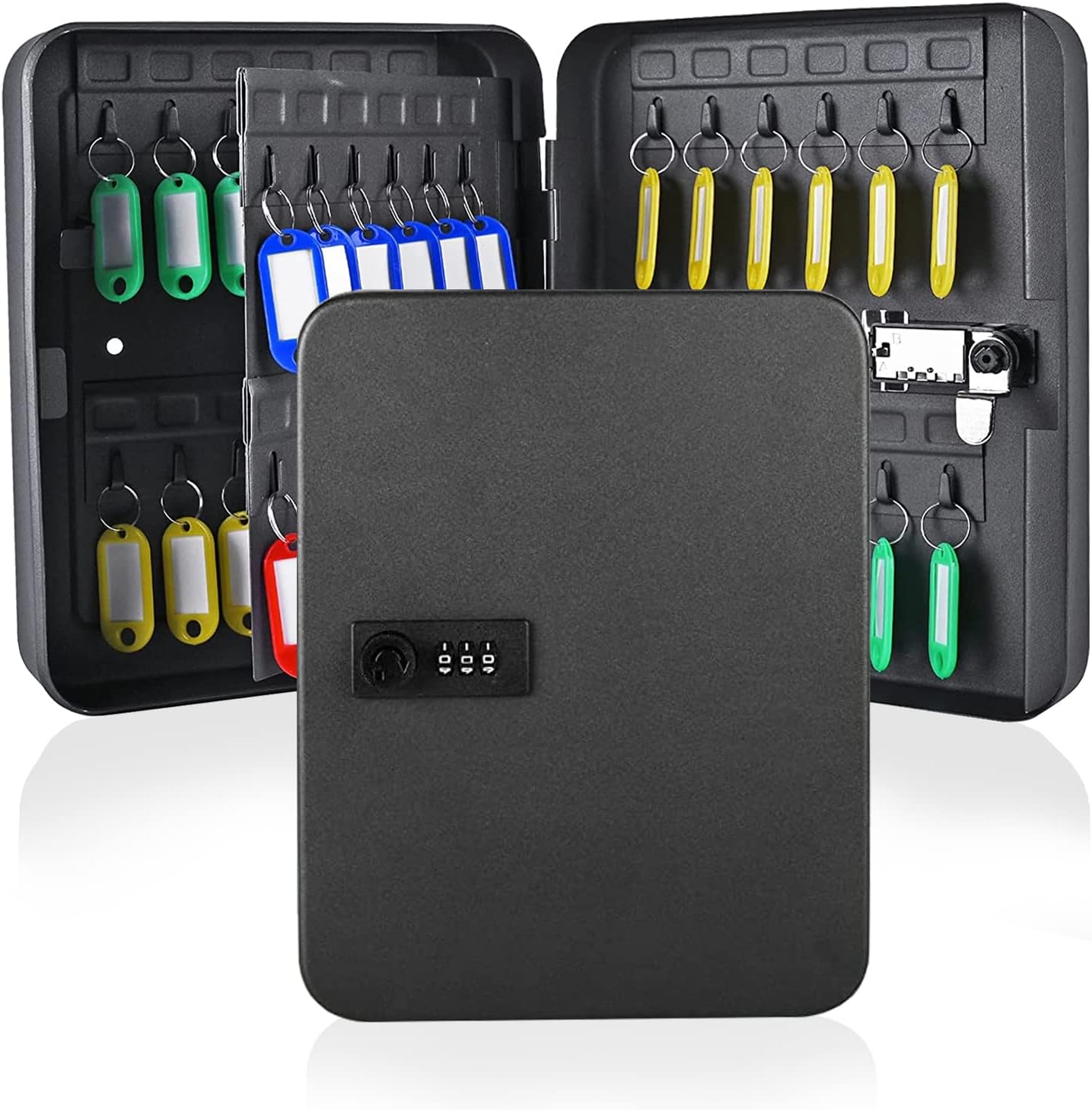 Combination Key Safe - Wall Mounted Key Box 48-key Steel Key Cabinet - Key Lock Box Outdoor with Code & 50 Key Tags Keysafe Outside Large (Black)