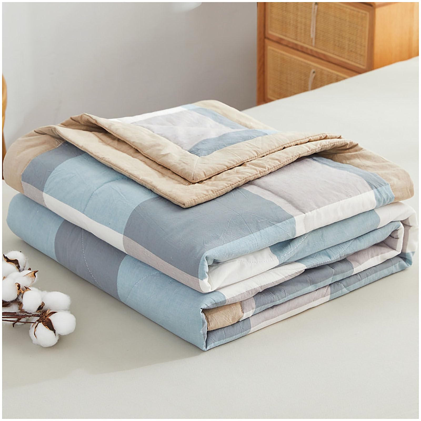 Gofohimi K New Modern Air Condition Cotton Quilt - Lightweight Blanket Quilted Spring/Summer Thin Quilt Cotton Breathable Comforter Plaid Print Quilts Bedspread,,200X230cm