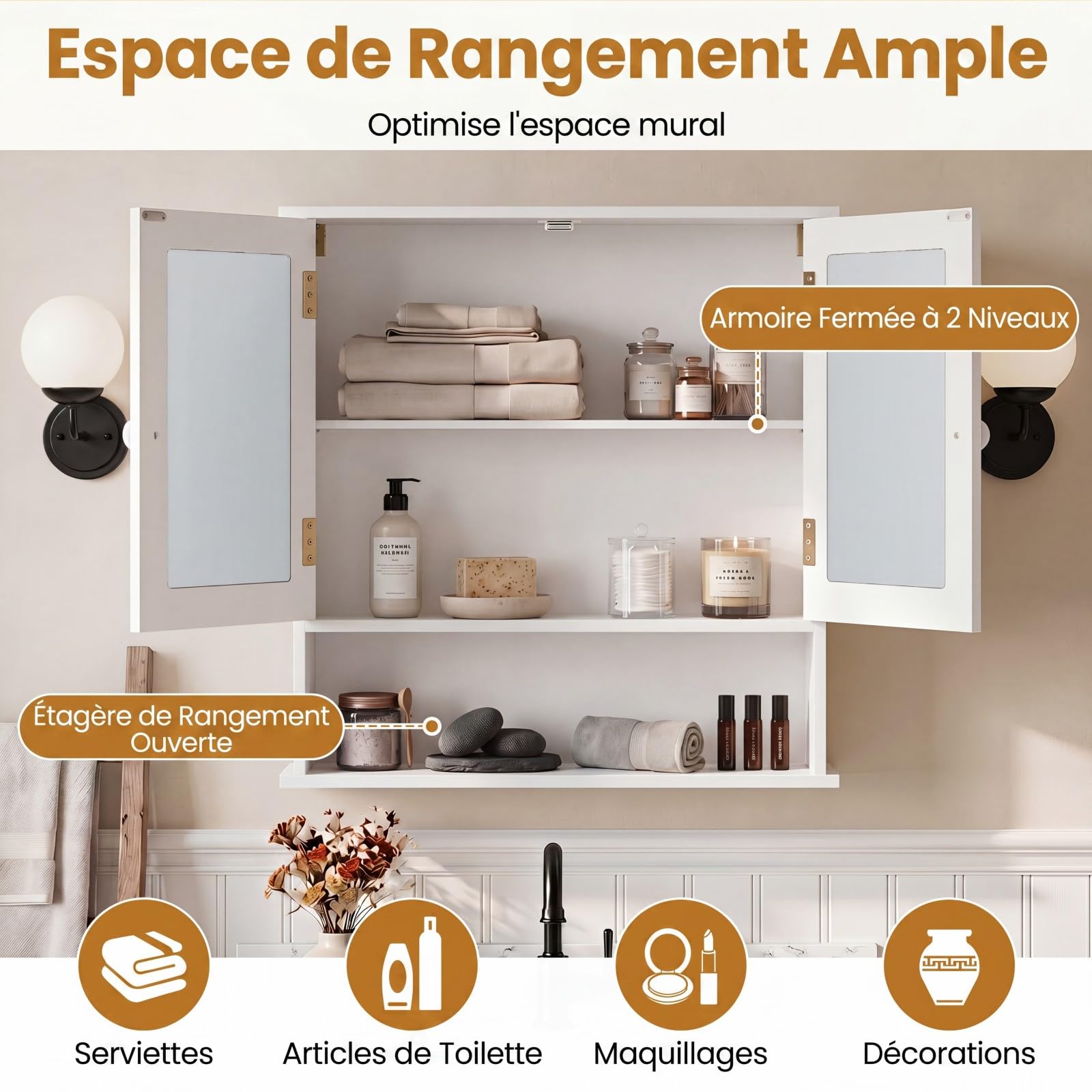 COSTWAY Armoire Murale Salle de Bain 2 Portes à Miroir, Placard de Rangement 3 Niveaux, Meuble Suspendu de Rangement Étagères à Hauteur Réglable, 56,5x13,5x58,5 cm (Blanc)