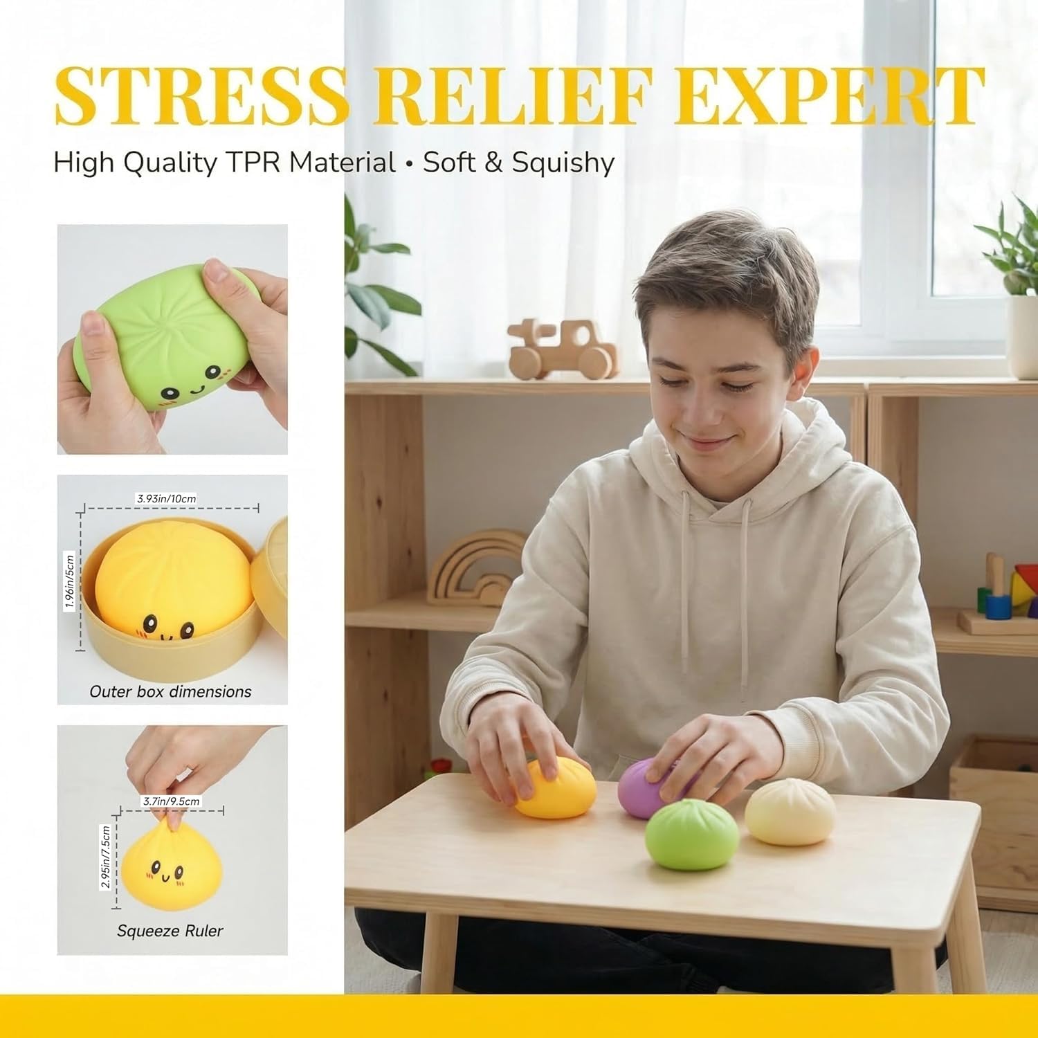 SQUEEZY DUMPLINGS Squishy Raviolo BAO BUN - sensoryczna zabawka do wyciskania stresu - 1 losowy kolor losowy - rozmiar 8,5 cm długości i 6 cm wysokości