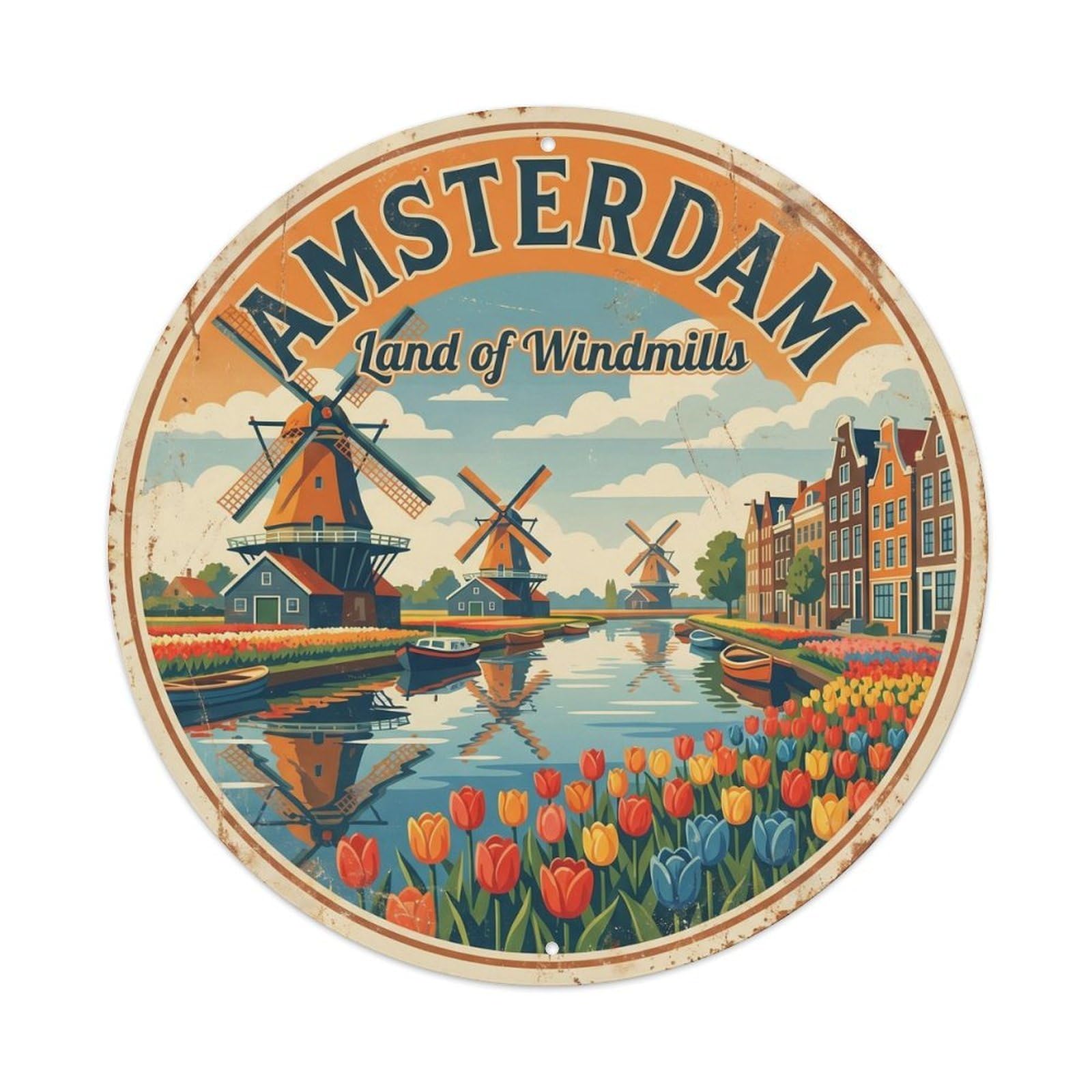 Vintage Travel Amsterdam Windmill Canal 2 Metal Tin Sign Plaque Wall Decor for Cafe, Club, Garden Round Metal Poster 8x8Inch