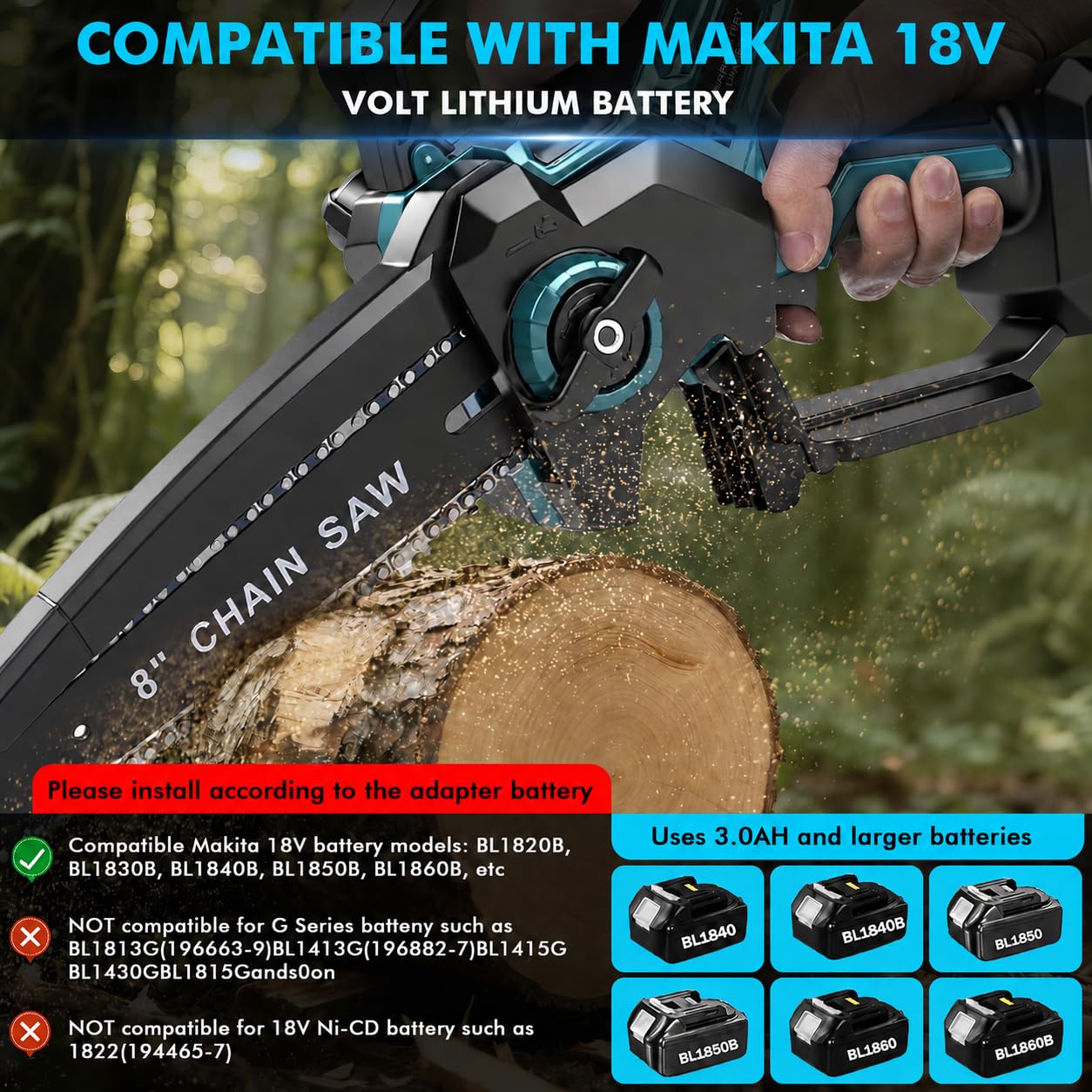 Motosierra Batería 8 Pulgadas, Mini Motosierra Inalámbrica 2x3000mAh, 18V | Motosierra Eléctrica, con 2 Cadenas, Tensión de Cadena y Lubricación sin Herramientas, Brushless, para Jardinería y Árboles