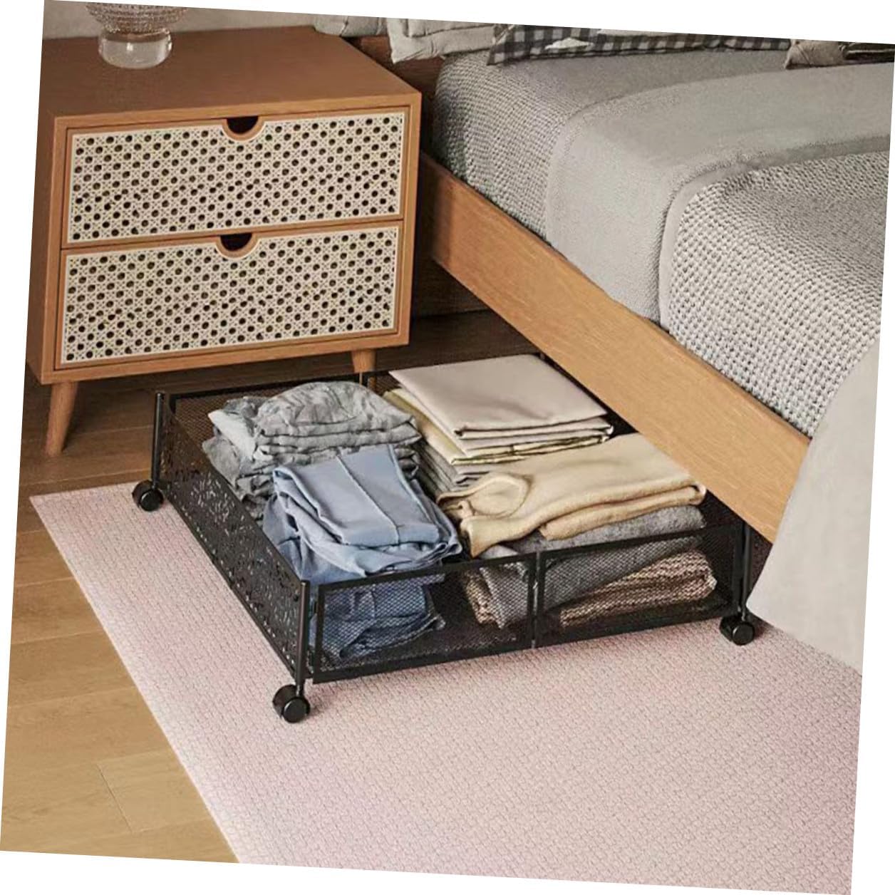 CHILDWEET Bed Storage Organizer Rack with Wheels Foldable Black Iron Clothes Storage Bin Space-saving under Bed Use