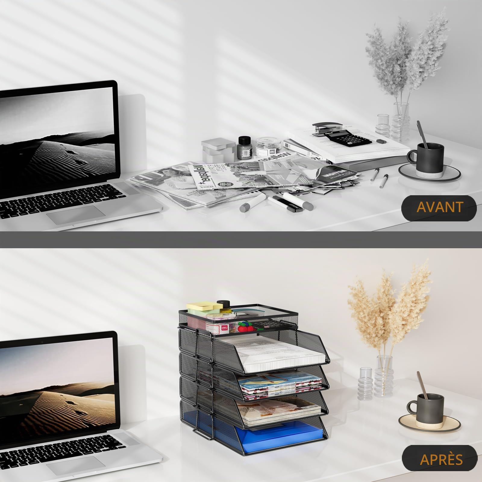 TQVAI Lot de 5 Empilable Métal Corbeille a Courrier Organiseur de Bureau Porte Revue Bureau Trieur Documents A4 Rangement Papier Range Courrier, Noir