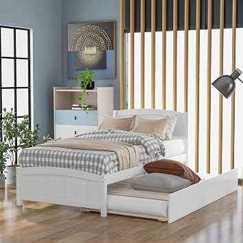 Twin Platform Bed with Trundle, White - Elegant Space-Saving Slumber Solution