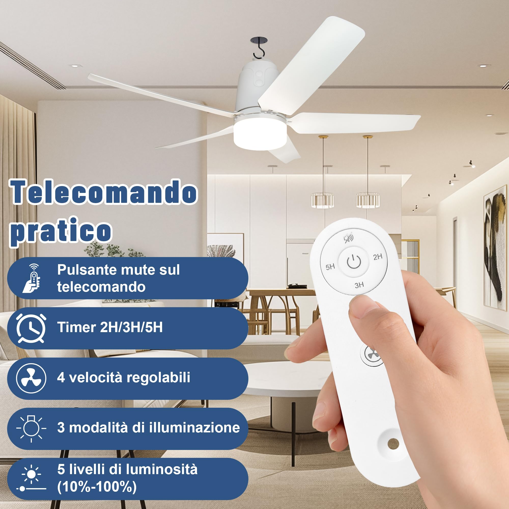Ventilatore da soffitto solare, con illuminazione per esterni, pannello solare da 60 W e batteria da 40000 mAh, grande ventilatore da soffitto portatile con luce, telecomando per campeggio (80CM)