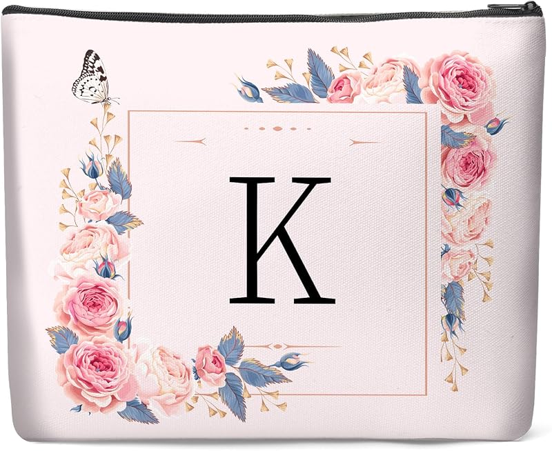 Necessaire de maquiagem Luoycxy em lona com zíper, forro interno e estampa de letras, Rosa K