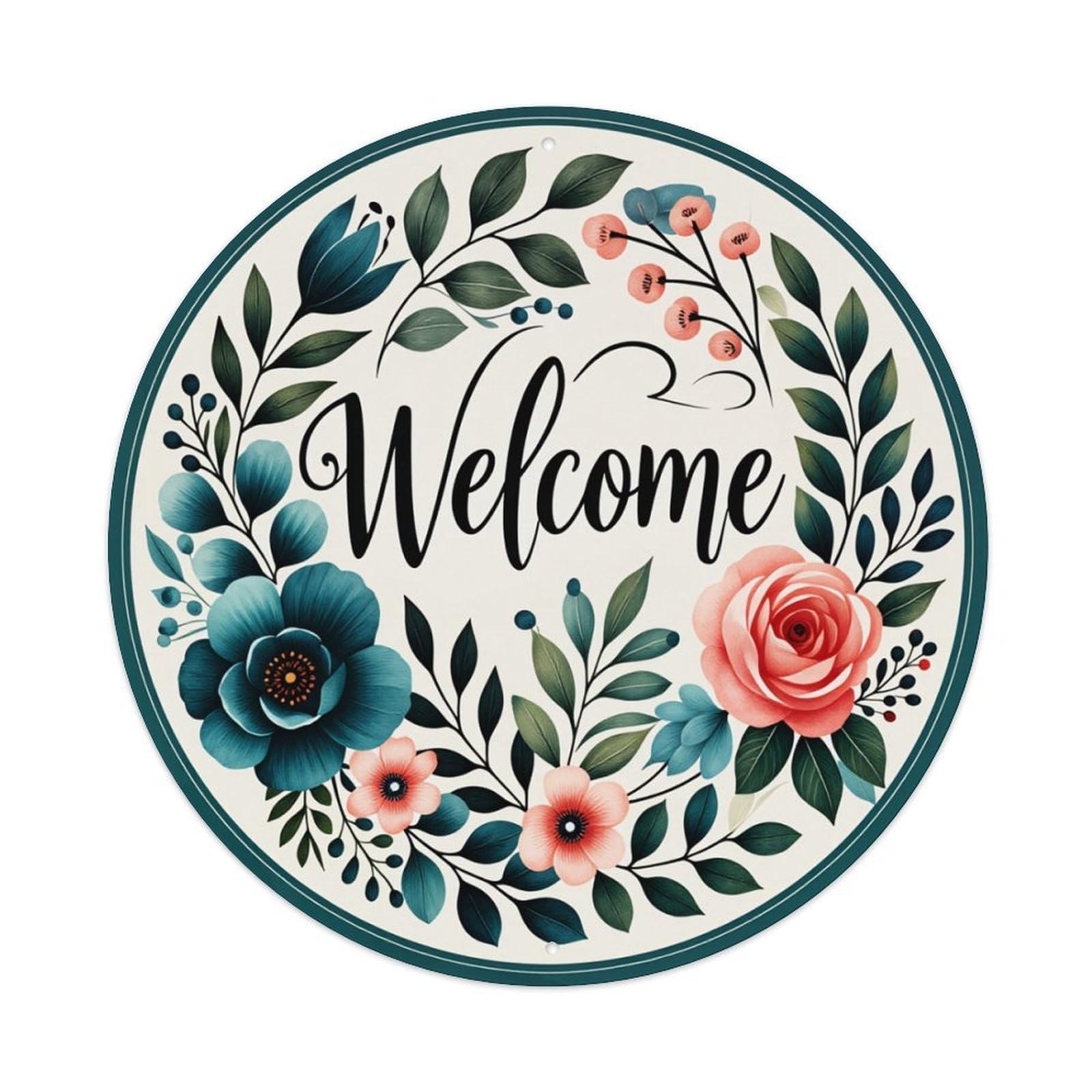 Floral Welcome Sign Pattern Print Round Tin Sign Retro Metal Sign for Cafe Bar Pub Home Game Room Gym Club Wall Decoration Vintage Metal Poster 8x8 Inch