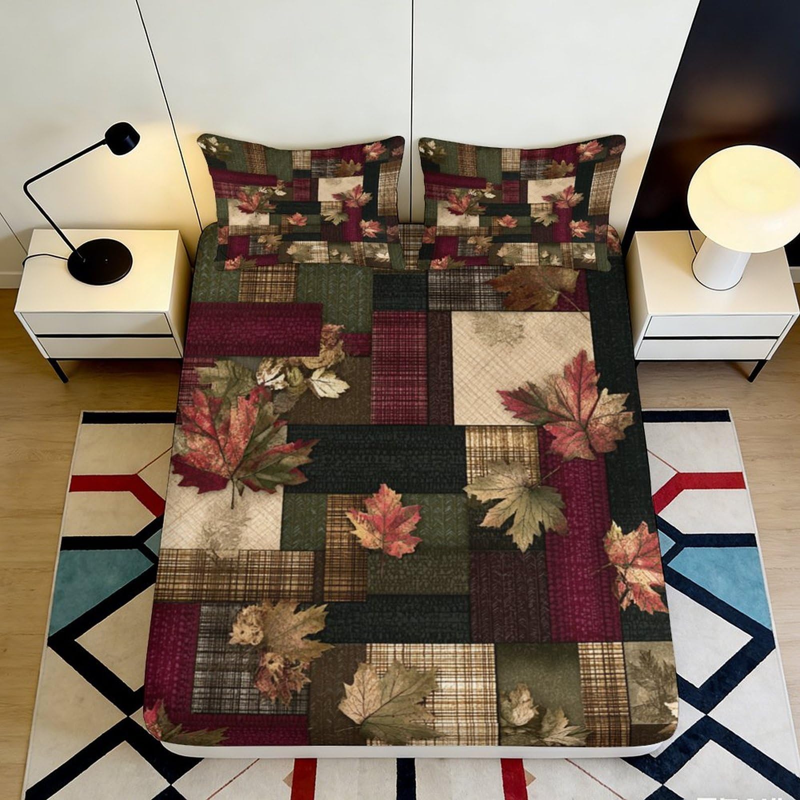 3D Printed Autumn Leaves Fitted Sheet Microfiber Soft Plaid Patchwork Mattress Cover for Bedroom, Dorm Decor 90x200x25cm