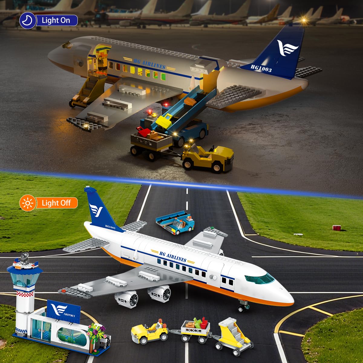 CUBIMANA 53.5CM Großes Passagierflugzeug Bausatz mit LED-Licht für Kinder | 2 Gepäckwagen, Terminal & Radarturm, Weihnachts- und Geburtstagsgeschenk für Erwachsene und Kinder ab 6 Jahren