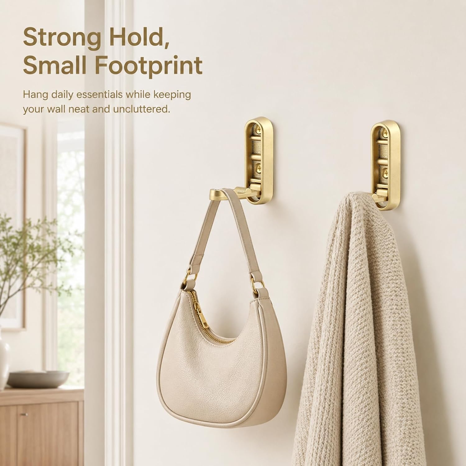 2Pack Folding Wall Hooks, Heavy Duty Zinc Allo Coat Hooks, 90° Foldable Flip Down Hook for Hanging Coats, Bags, Hats, Bathrobes, Keys and Bags (Gold)