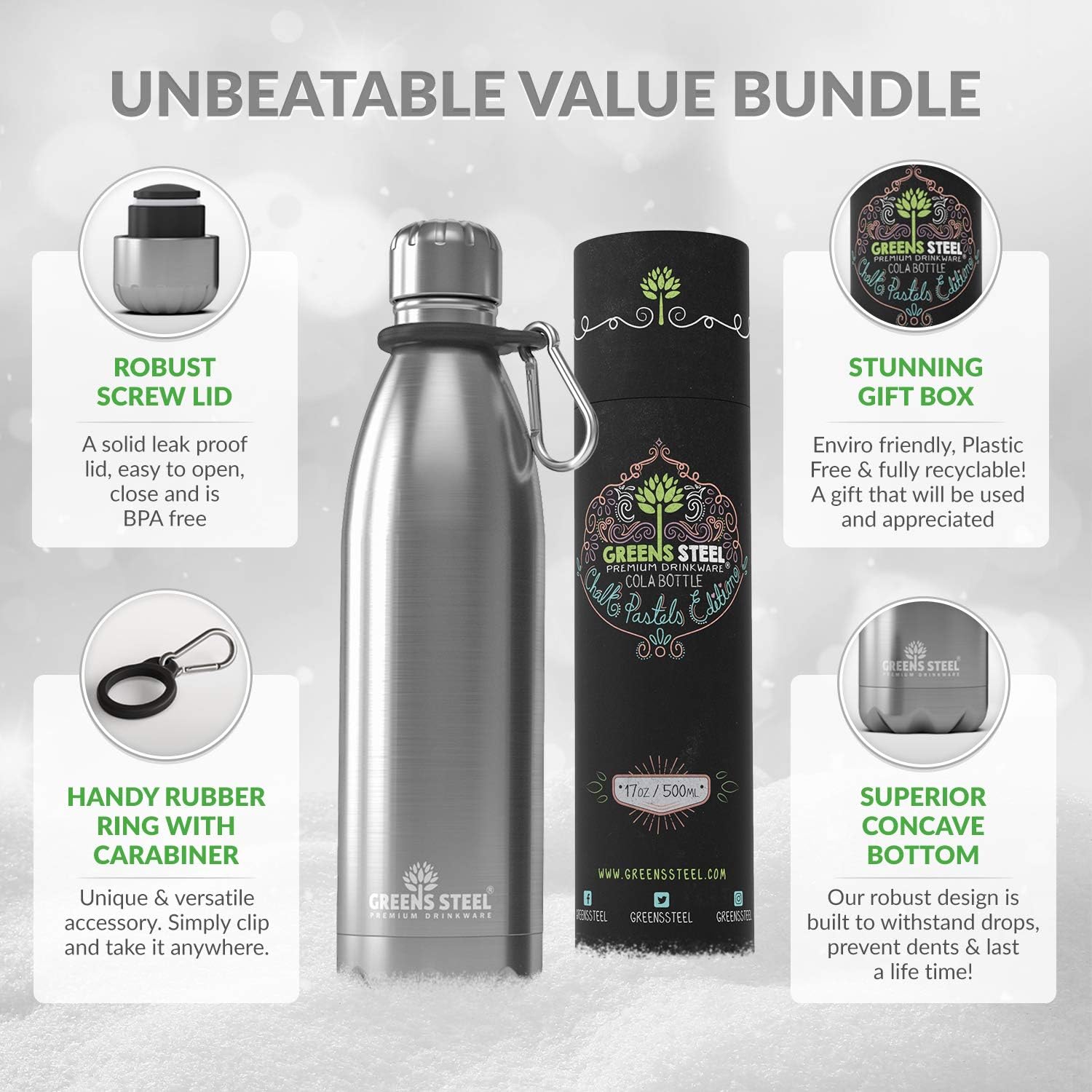 Greens Steel Stainless Steel Water Bottle - 25 oz, Steel | Vacuum Insulated Double Wall with Screw Lid/Leak Proof | Thermal Travel Sports Canteen Coffee Flask - Image 2