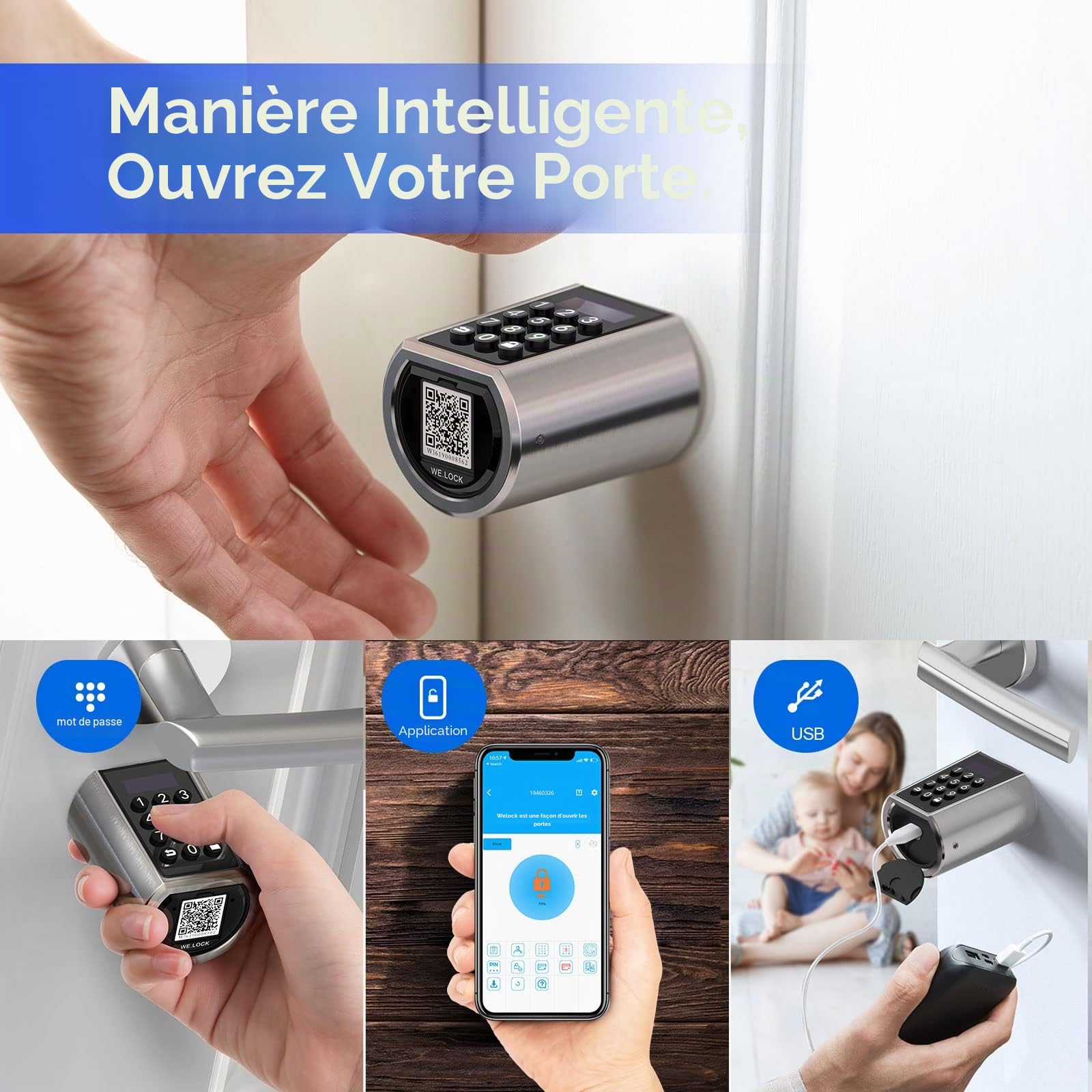 RUILON PCB01 Serrure connectée à code 40x30 - Cylindre electronique | Serrure intelligente avec 1 cache silicone 3 cartes RFID, portes 50-100 mm, Code temporaire, Clavier rétroéclairé, Airbnb