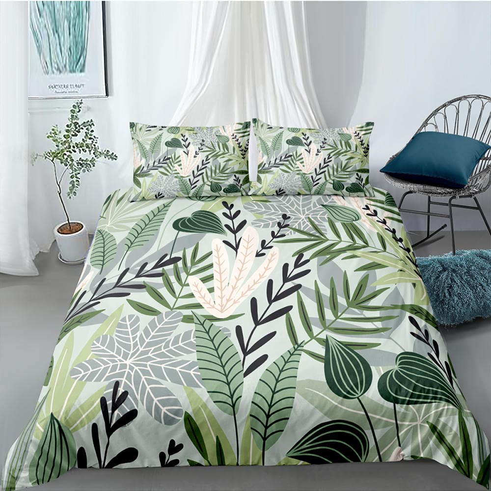 Copripiumino Matrimoniale 200x250 cm, Foglie verdi fresche 3D Stampato, Set Letto Matrimoniale Completo in Microfibra con Cerniera, 1 Copripiumone + 2 Federa 50x80 cm (Anallergico)