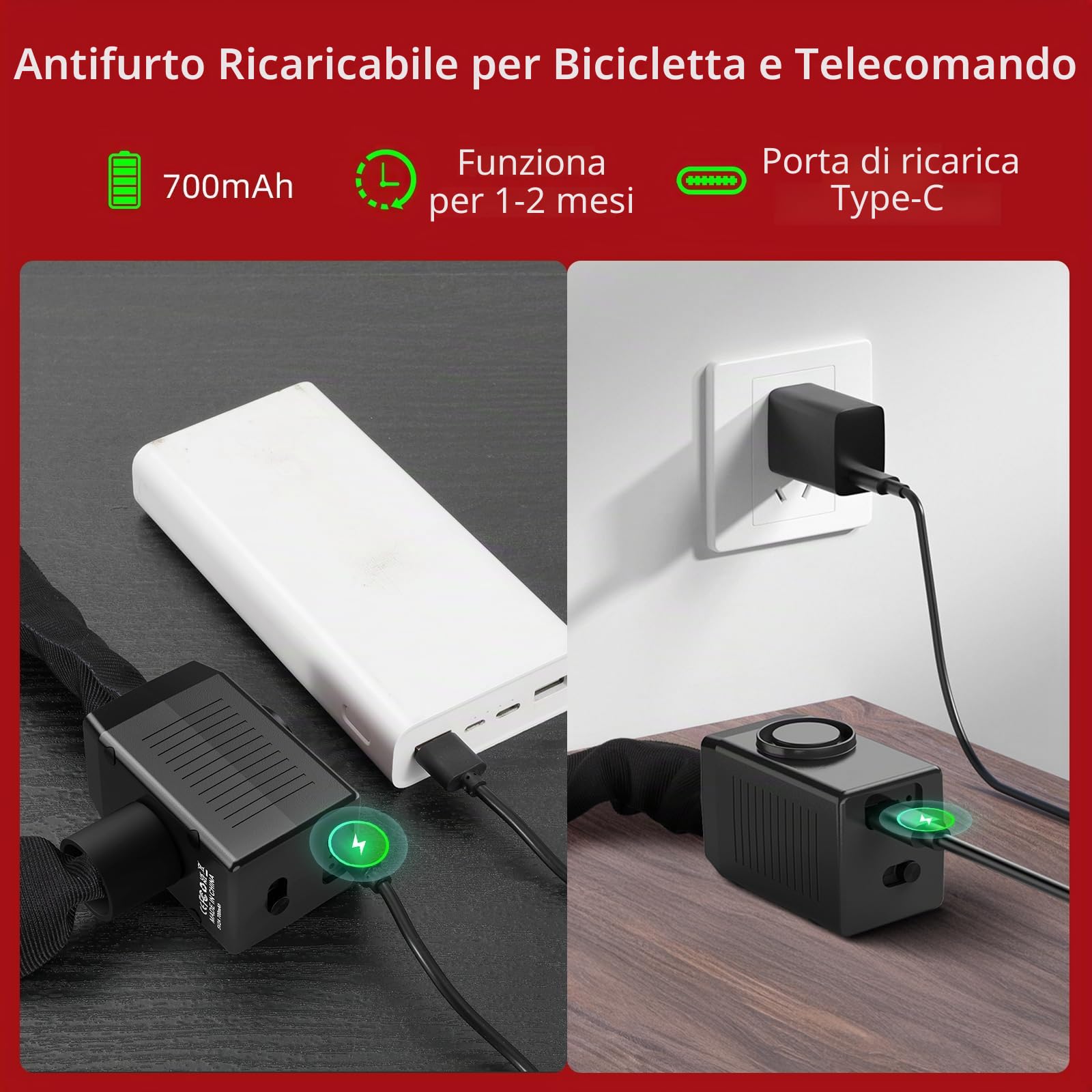 BANGTING 120CM Catena Bici con 110dB Allarme, Catena Bicicletta Sntifurto con 3 Chiavi, Lucchetto Bicicletta Antifurto per Moto, Bici Elettrica, Monopattino Elettrico (Nero)