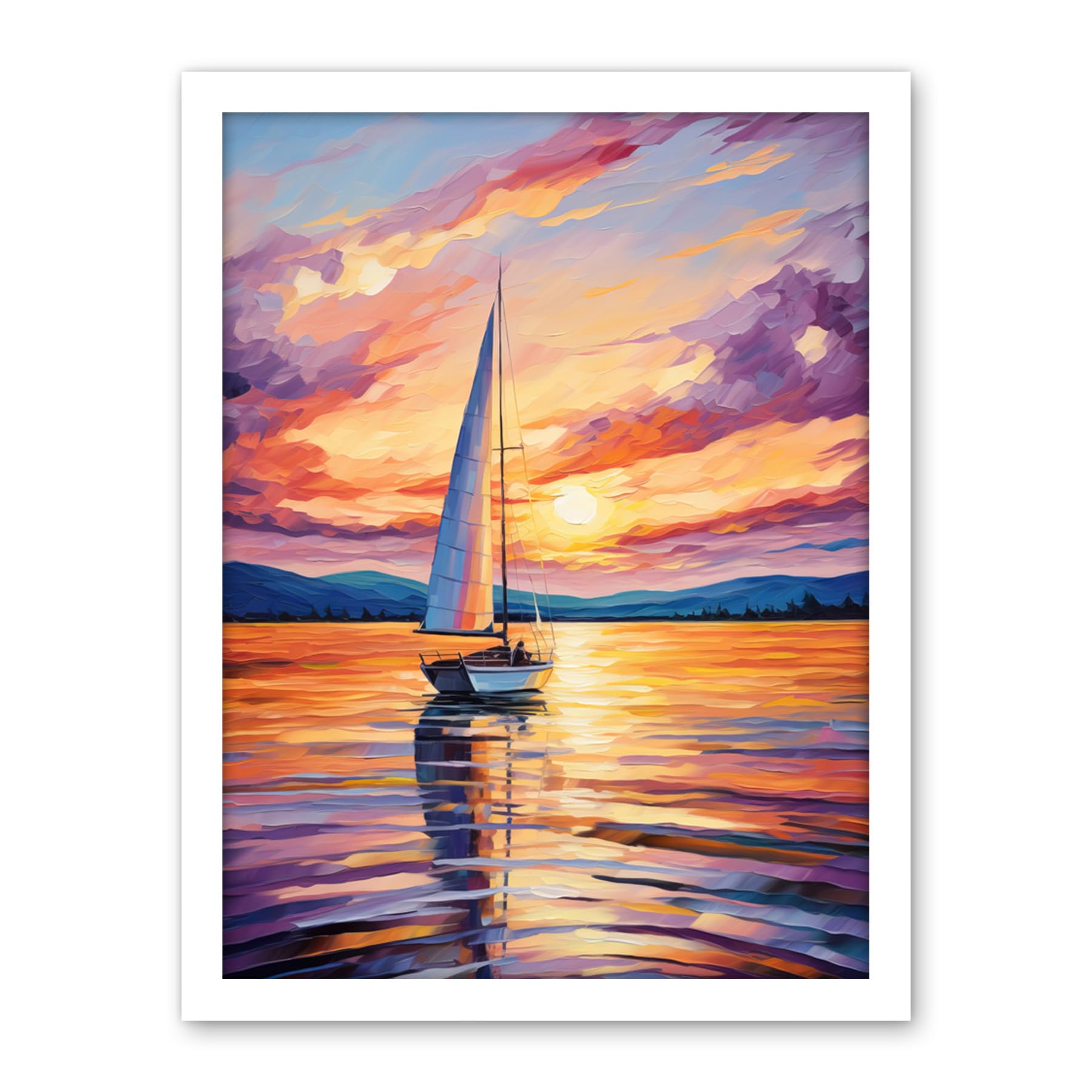 Artery8 Sunset Sailing Vibrant Oil Painting Orange Purple Blue Bathroom Artwork Sail Boat Seascape Artwork Framed Wall Art Print 18X24 Inch