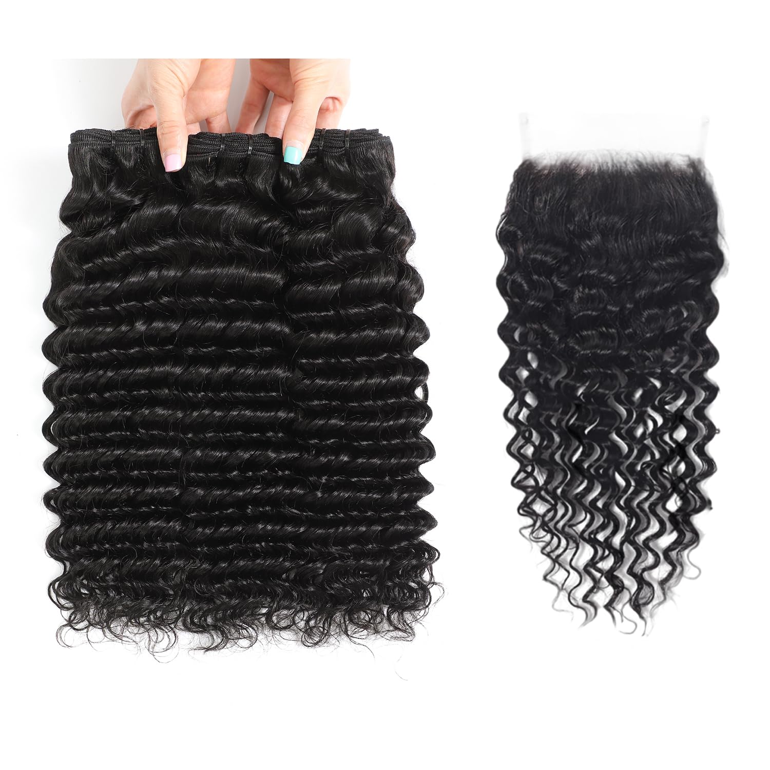 12A Human Hair Bundles with Closure-Deep Wave Bundles 18 20 22+16 Inch 5x5 HD Lace Closure Wet and Wavy, Water Wave 100% Brazilian Virgin Deep Curly 3 Bundles Human Hair Quick Weave Bundles for Women