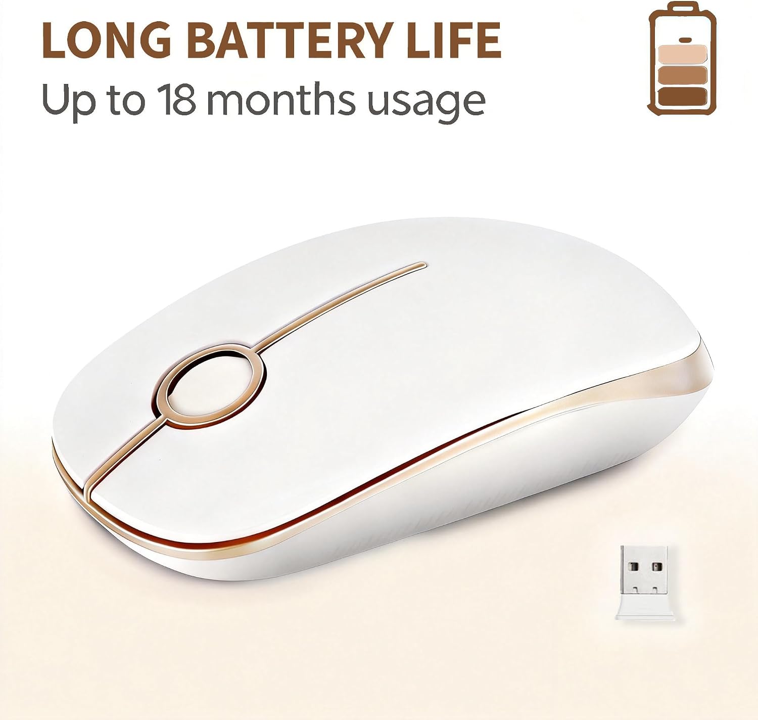 Unipows Wireless Mouse - 2.4G Slim Portable Computer Mouse with Nano Receiver, Less Noise Mobile Optical Mice for Notebook, PC, Laptop, Computer, Mac (White Gold) - 8