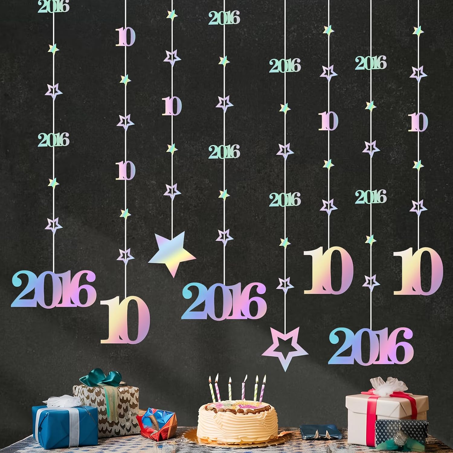 Eucutur Iridescent 10th Birthday Decorations for Girls Boys, Pre-Strung Glitter Twinkle Number Vintage 2016 10 Years Old Hanging Streamer Banner Party Supplies, Double Digits 10th Bday Photo Props