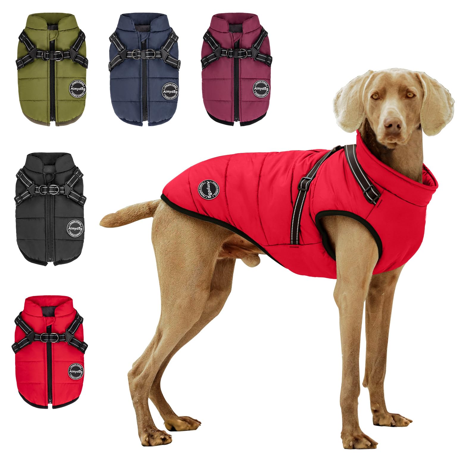 AIMYDOG Dog Winter Coat, Warm Jacket Reflective Fleece Vest with Harness, Waterproof Windproof Dog Snow Jacket, Red, Small/Medium