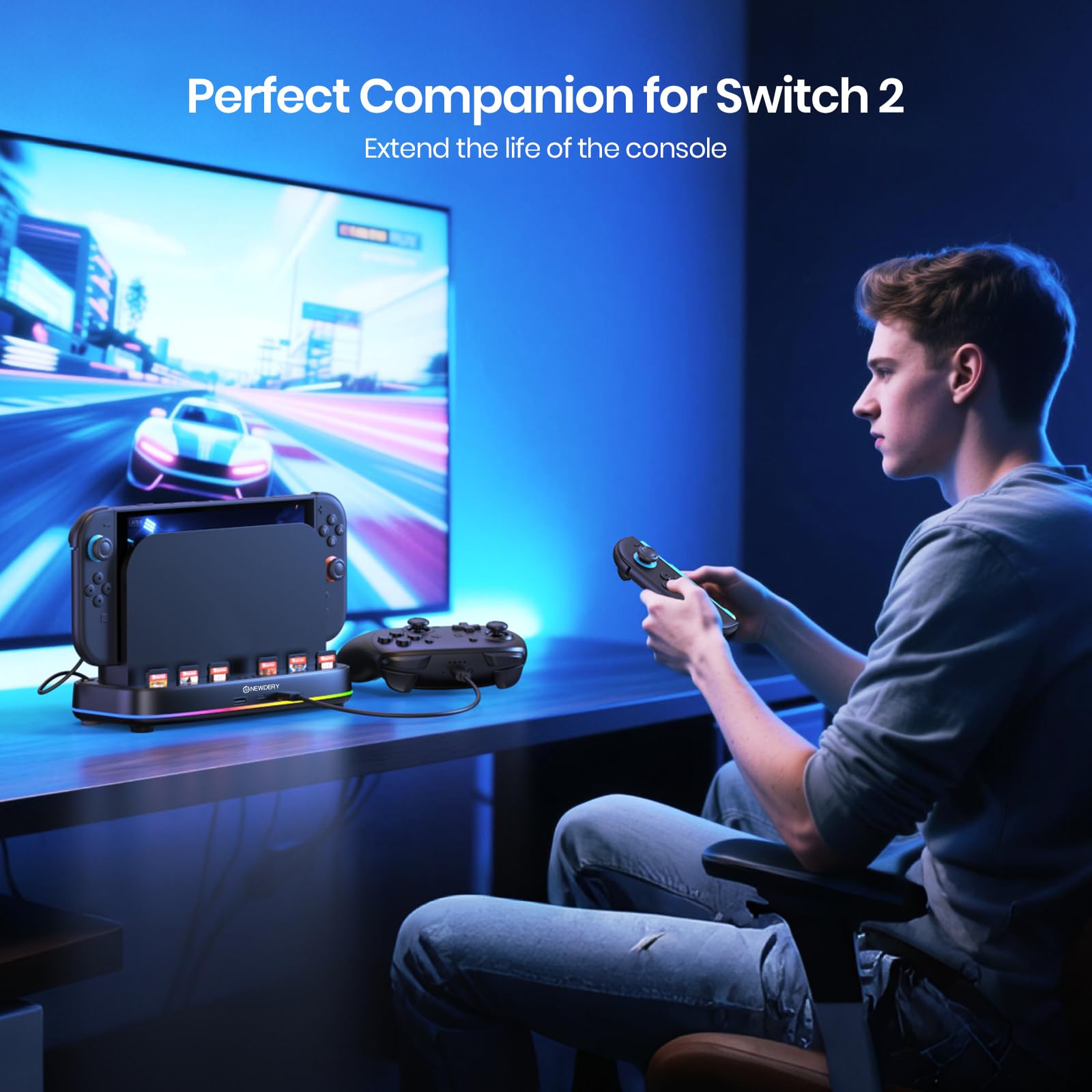 NEWDERY chłodnica do Nintendo Switch 2 Dock, miejsce na 6 kart gier i 3 wyjścia USB, chłodnica Switch 2 z oświetleniem RGB, wentylator dual z 3-stopniową regulacją, stacja chłodzenia Switch 2